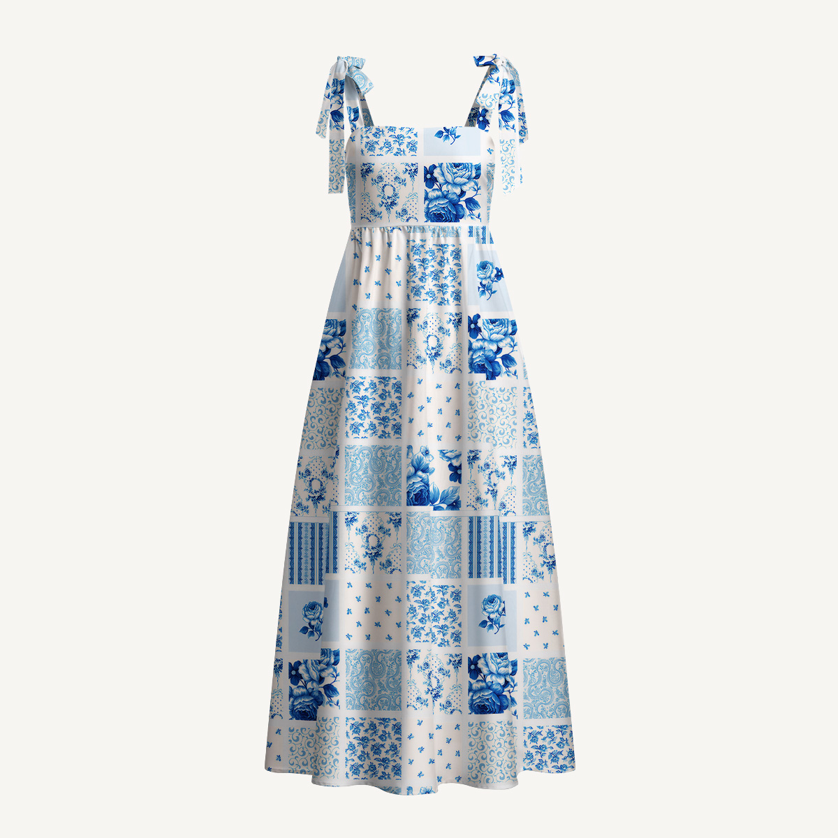Delft Blue Floral Print Bow Strap Maxi Dress