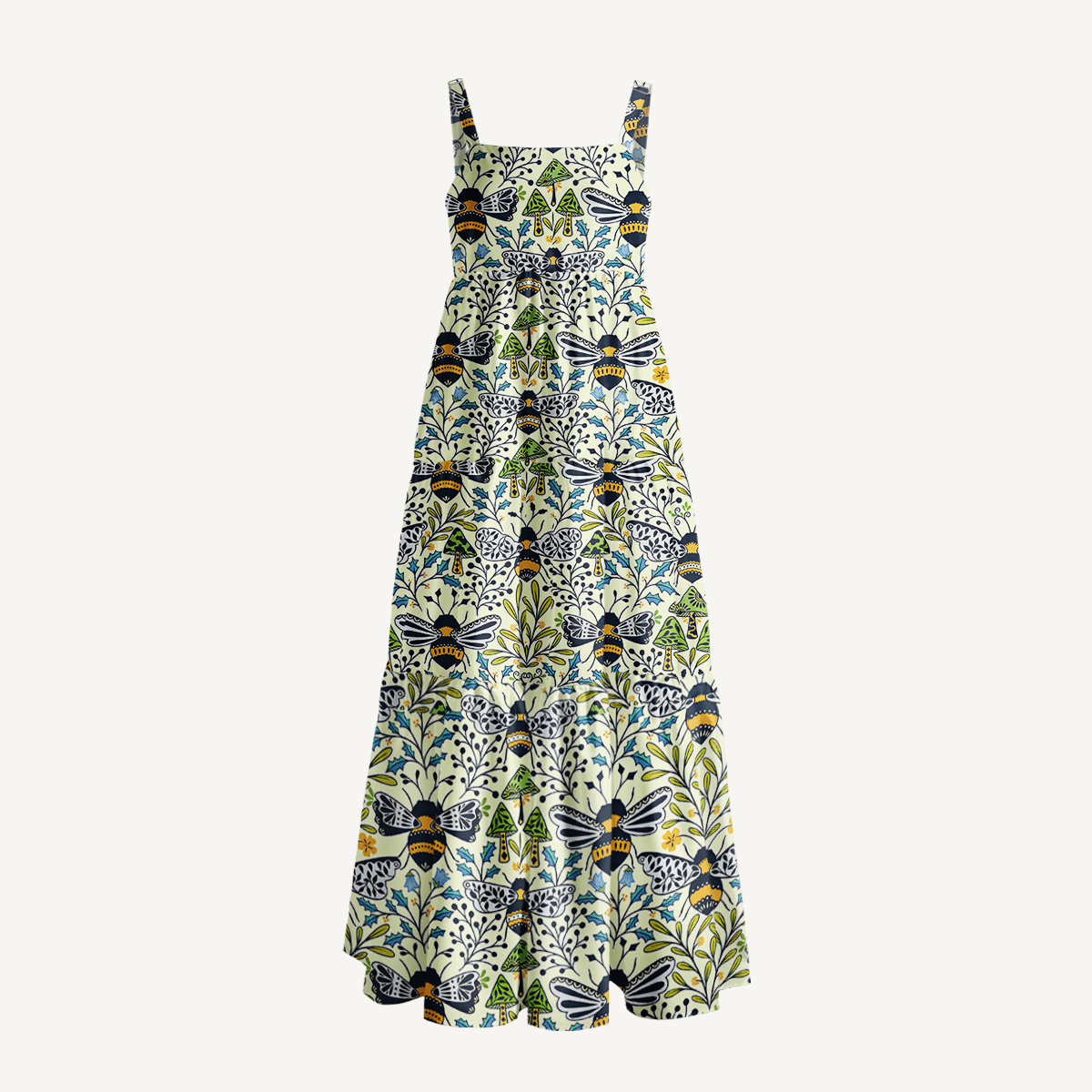 Botanical Bee Garden Print Wide Straps Maxi Dress With Pockets
