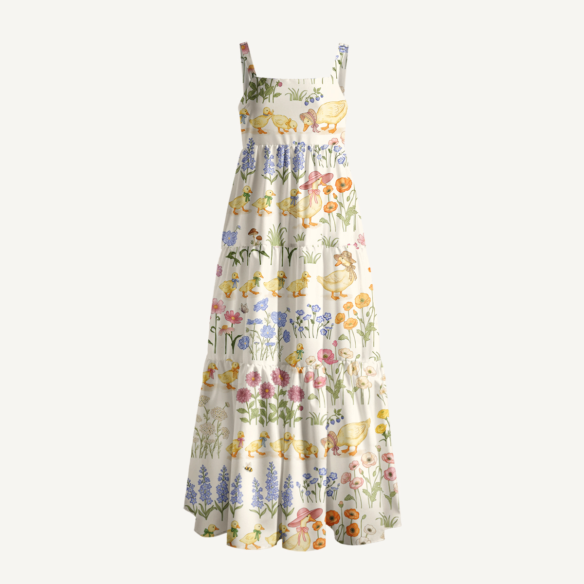 Duck Family Print Wide Straps Maxi Dress With Pockets