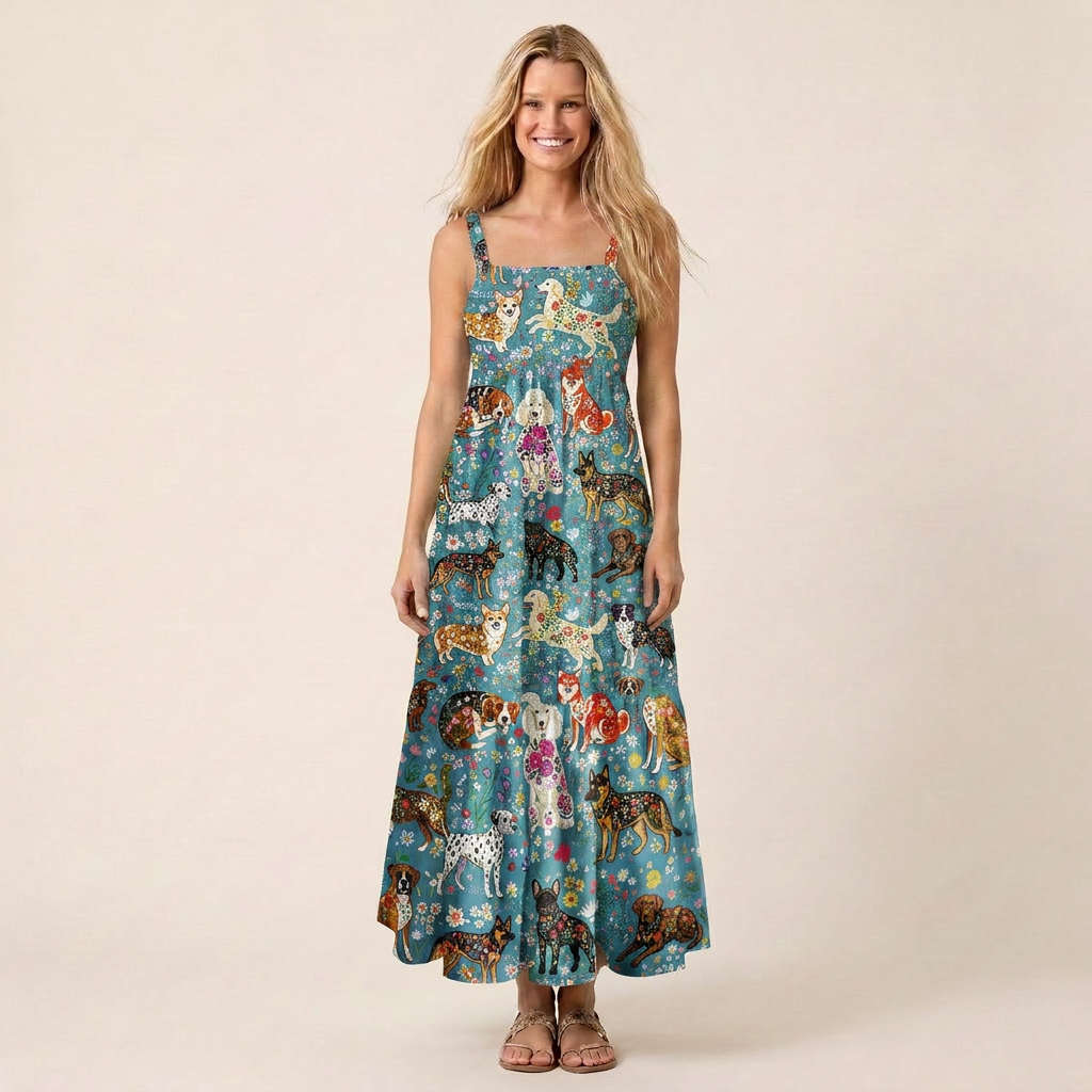 Cute Flower Dog Print Wide Straps Maxi Dress With Pockets
