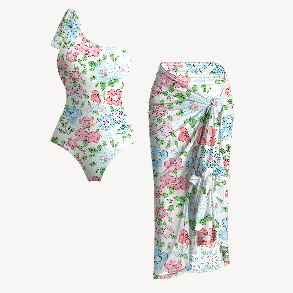 Pastel Cottage Floral One Shoulder One Piece Swimsuit and Matching Sarong Set for Women