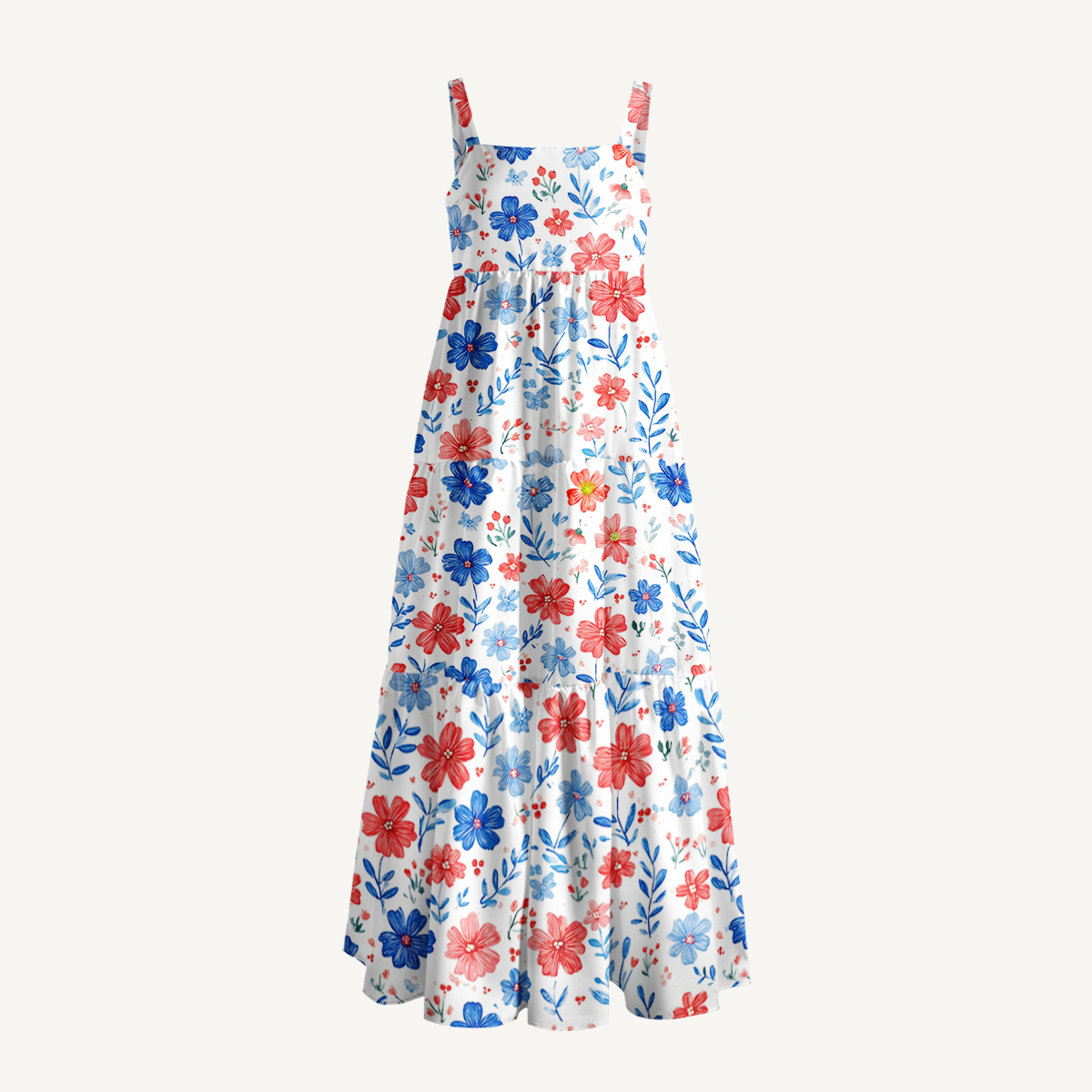 Patriotic 4th of July Flowers Print Wide Straps Maxi Dress With Pockets