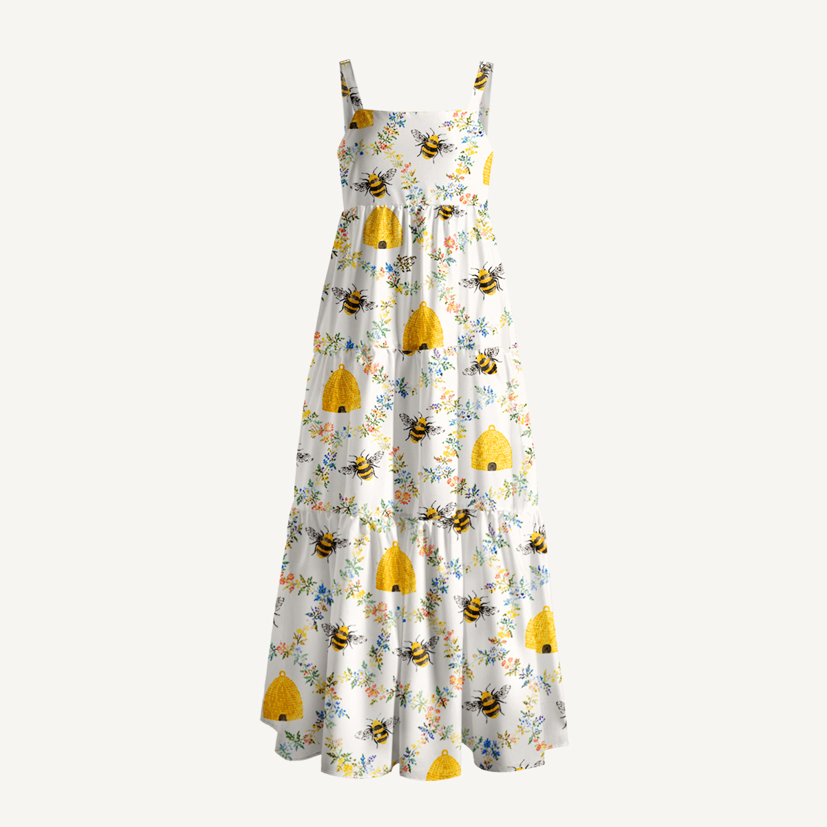 Bee Garden Blossom Pattern Print Wide Straps Maxi Dress With Pockets