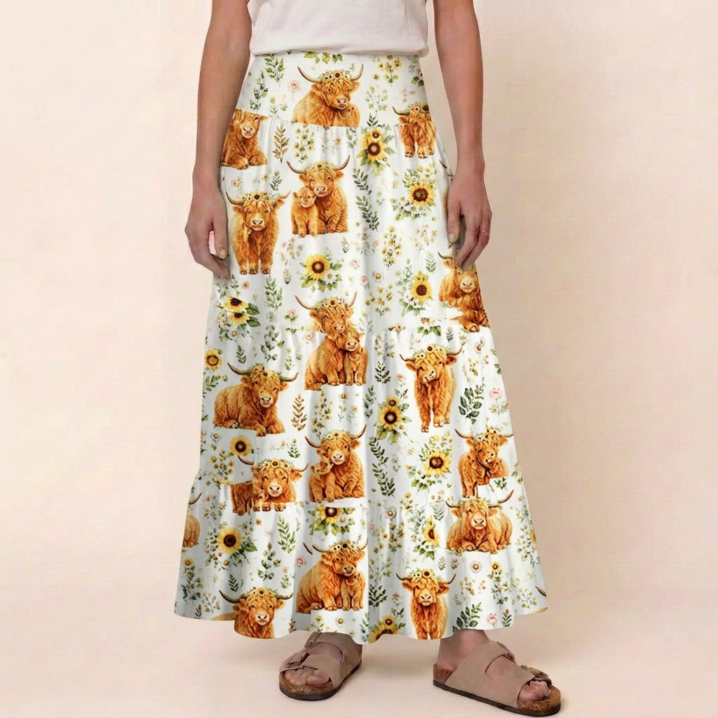 Spring Highland Cow Floral Print Convertible Maxi Skirt & Strapless Dress