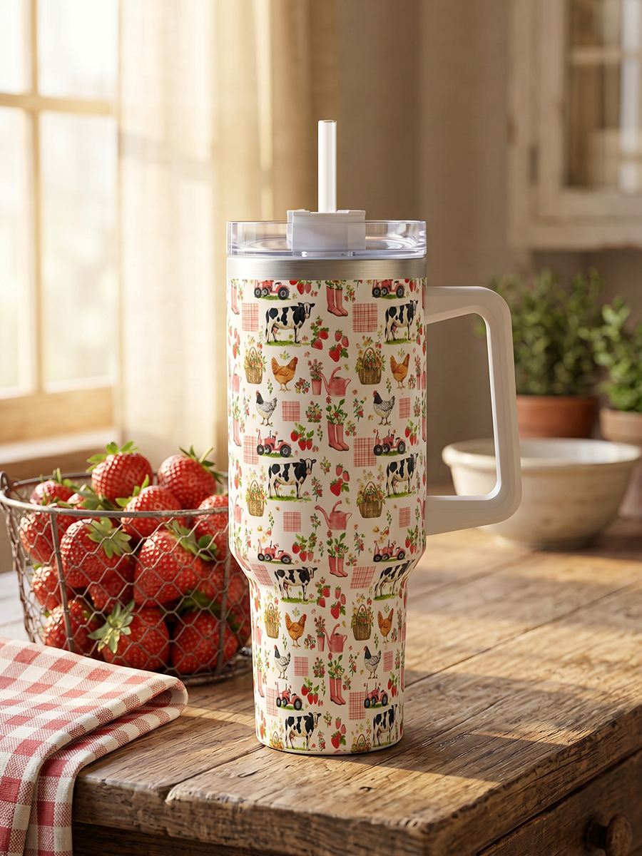 Watercolor Pink Farm Cow Chicken 40oz Tumbler
