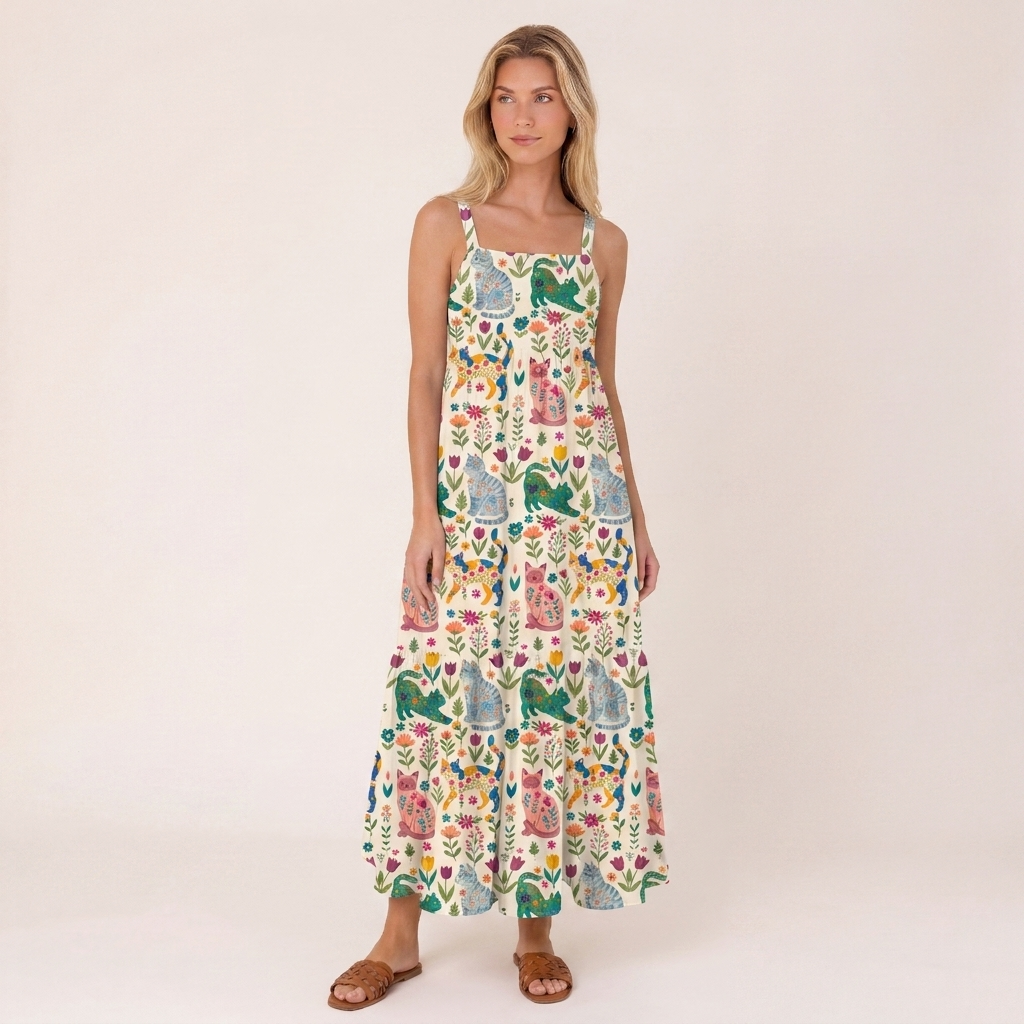 Cute Flower Cat Wide Straps Maxi Dress With Pockets