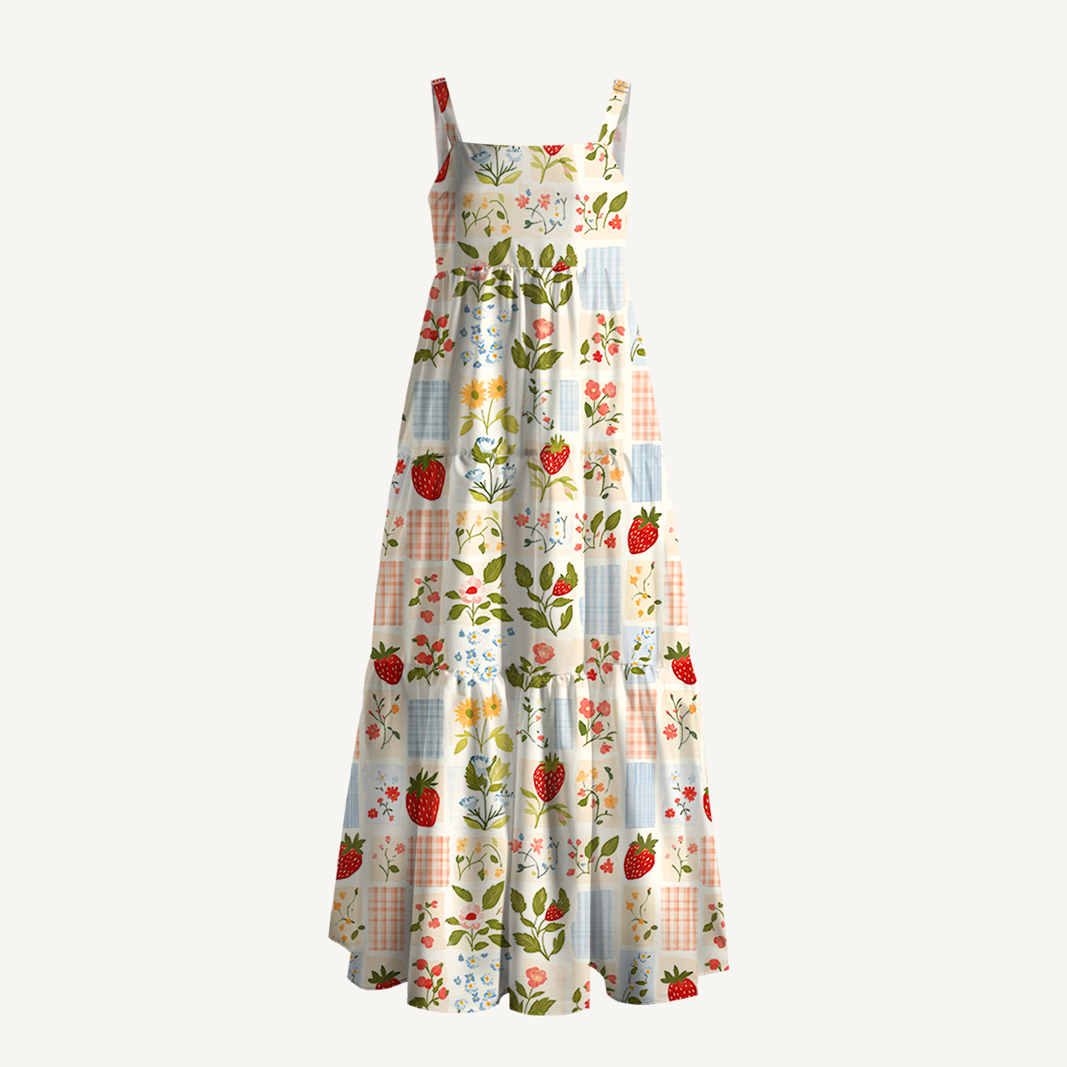 Strawberry Garden Patchwork Print Wide Straps Maxi Dress With Pockets