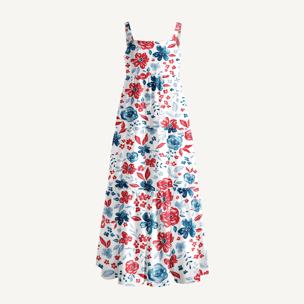 Patriotic Floral American Flag Print Wide Straps Maxi Dress With Pockets