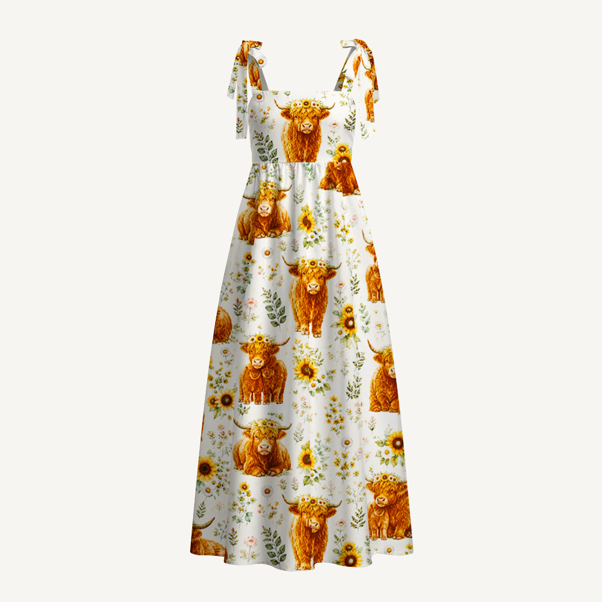 Spring Highland Cow Floral Print Bow Strap Maxi Dress