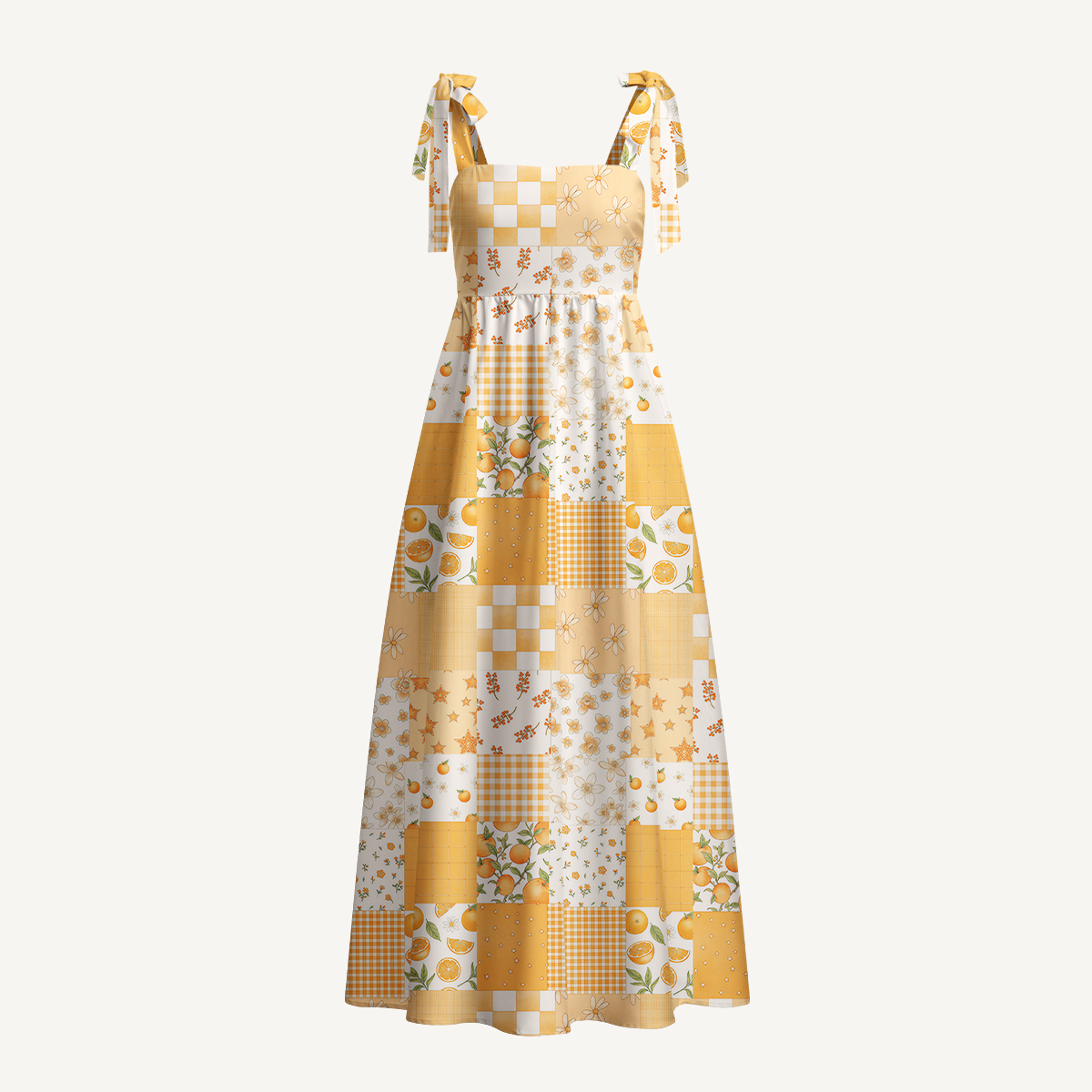 Lemon Sunshine Patchwork Print Bow Strap Maxi Dress
