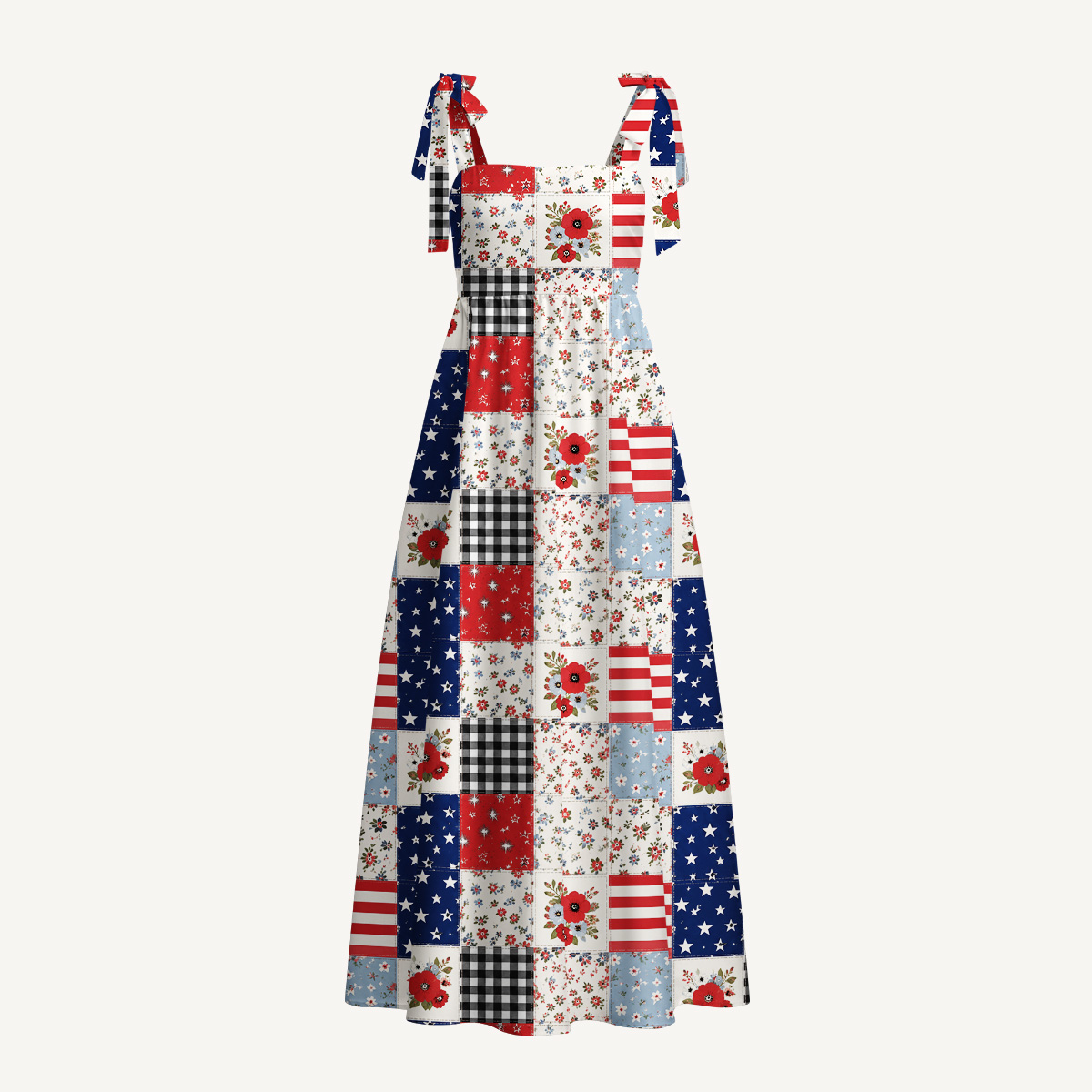 Flower Americana Patchwork Print Bow Strap Maxi Dress