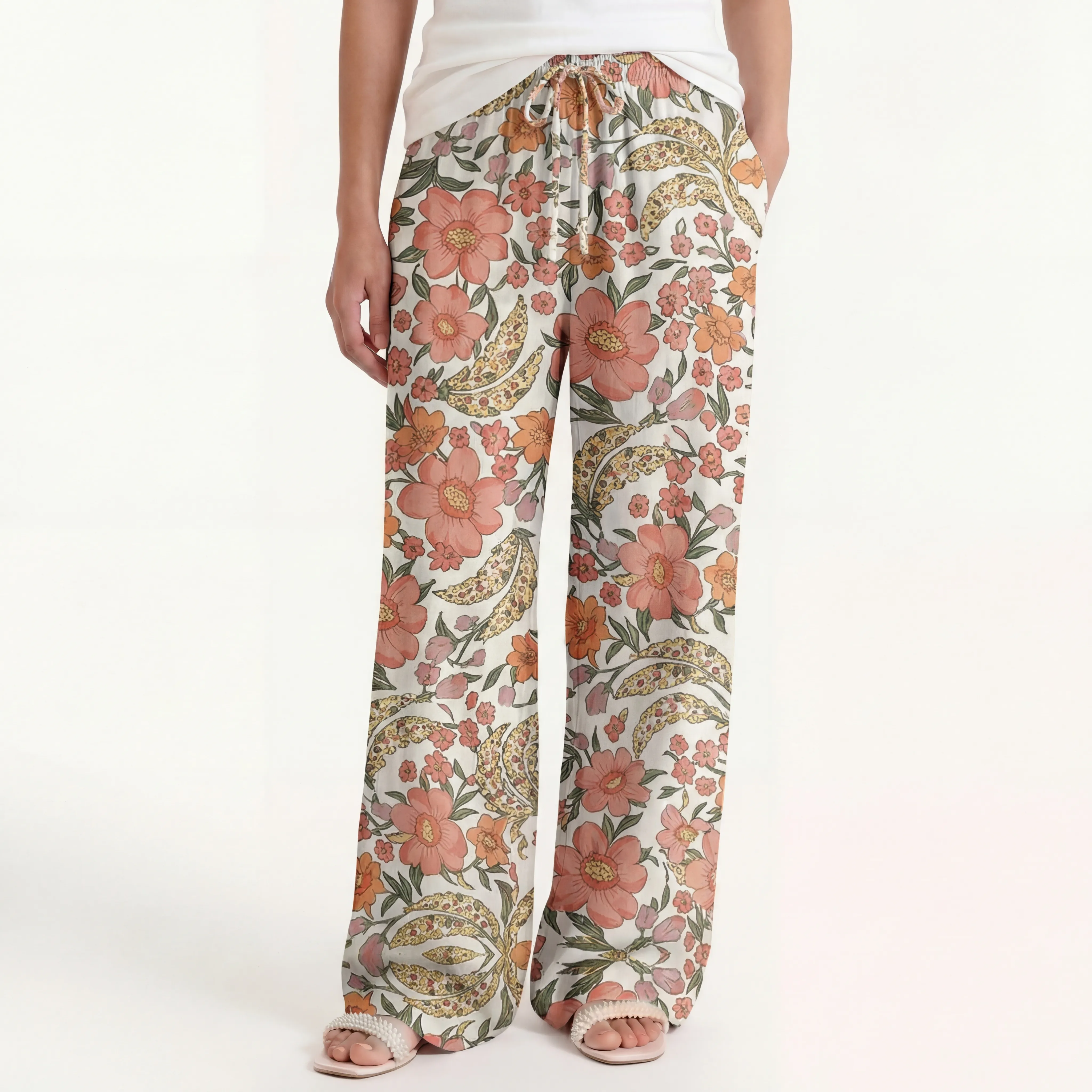Boho Amber Bloom Wide Leg Tie Waist Pants With Pockets