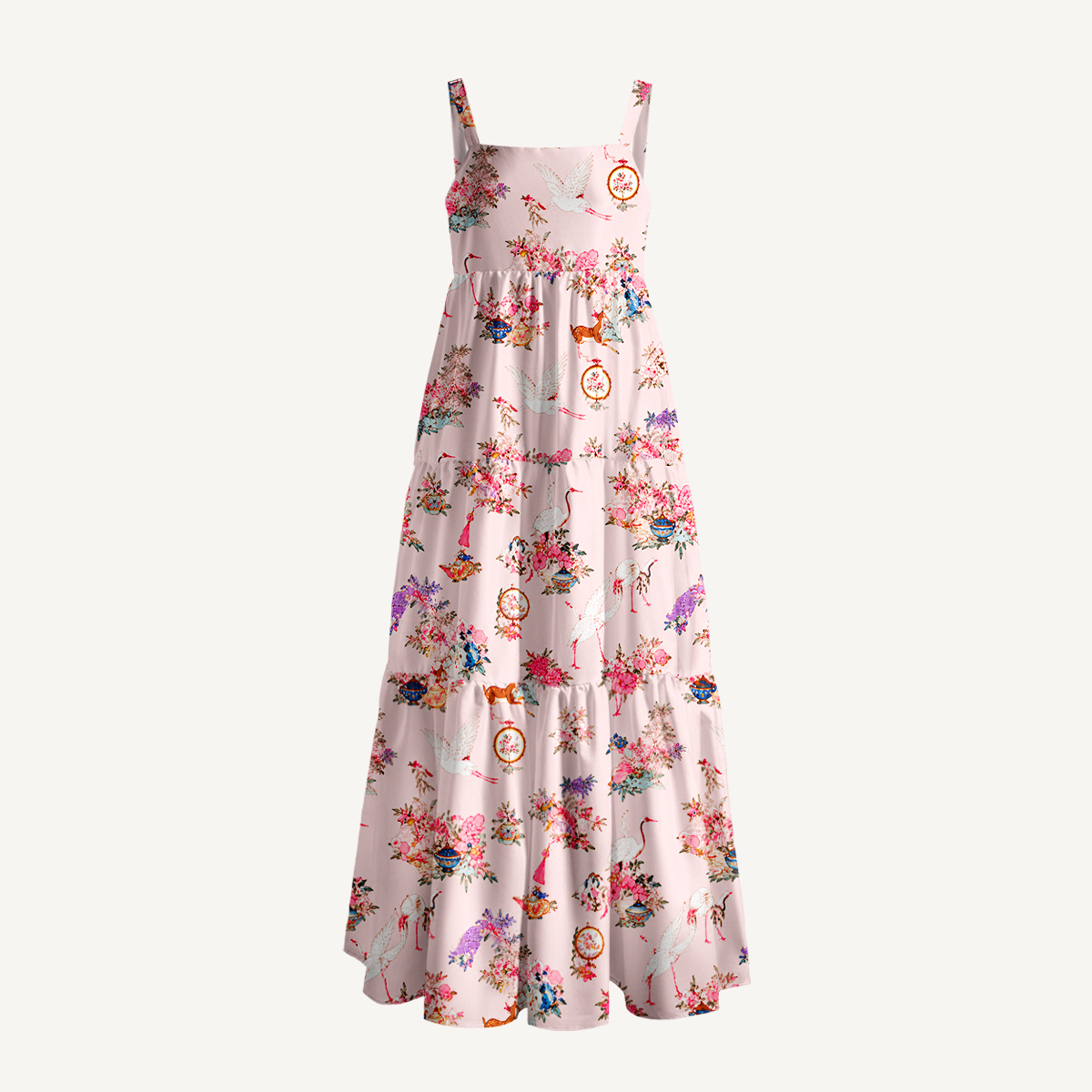 Vintage Oriental Crane Print Wide Straps Maxi Dress With Pockets