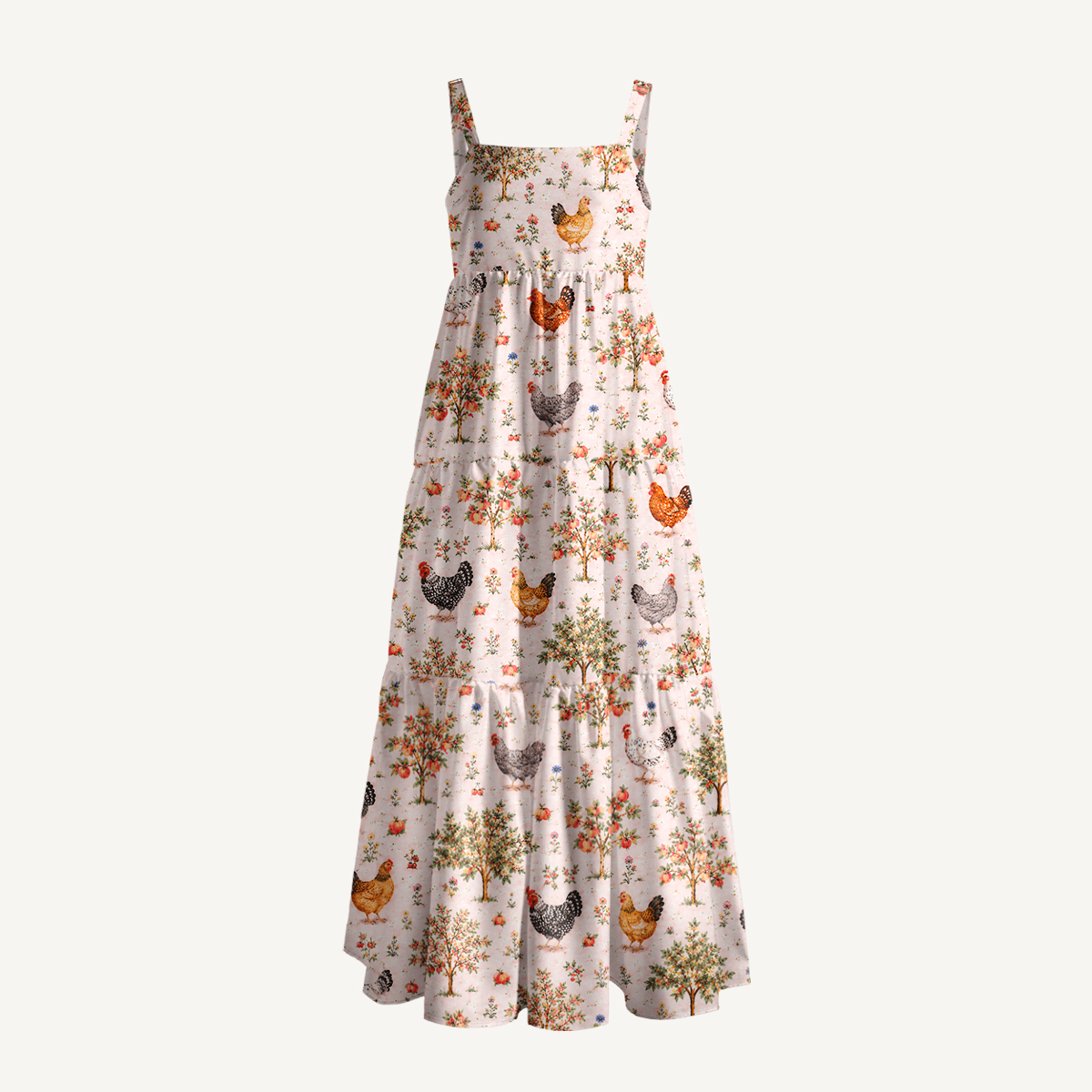 Farm Orchard with Chickens and Fruit Trees Print Wide Straps Maxi Dress With Pockets