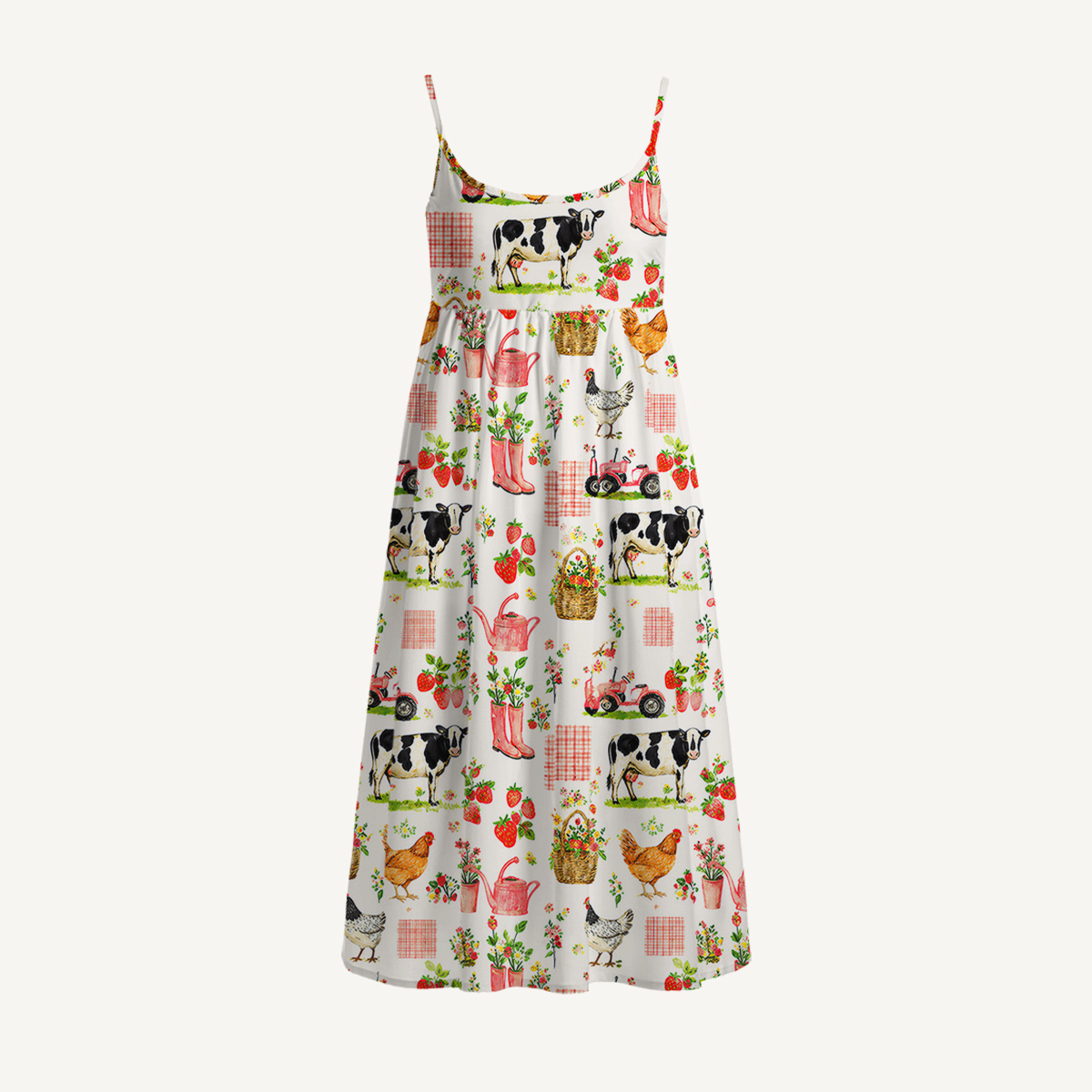 Watercolor Pink Farm Cow Chicken Print Spaghetti Strap Mini Dress