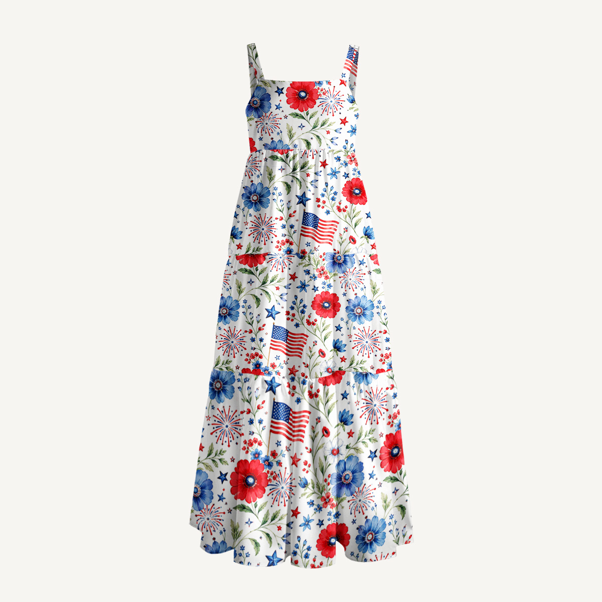 Patriotic Poppy Garden Print Wide Straps Maxi Dress With Pockets