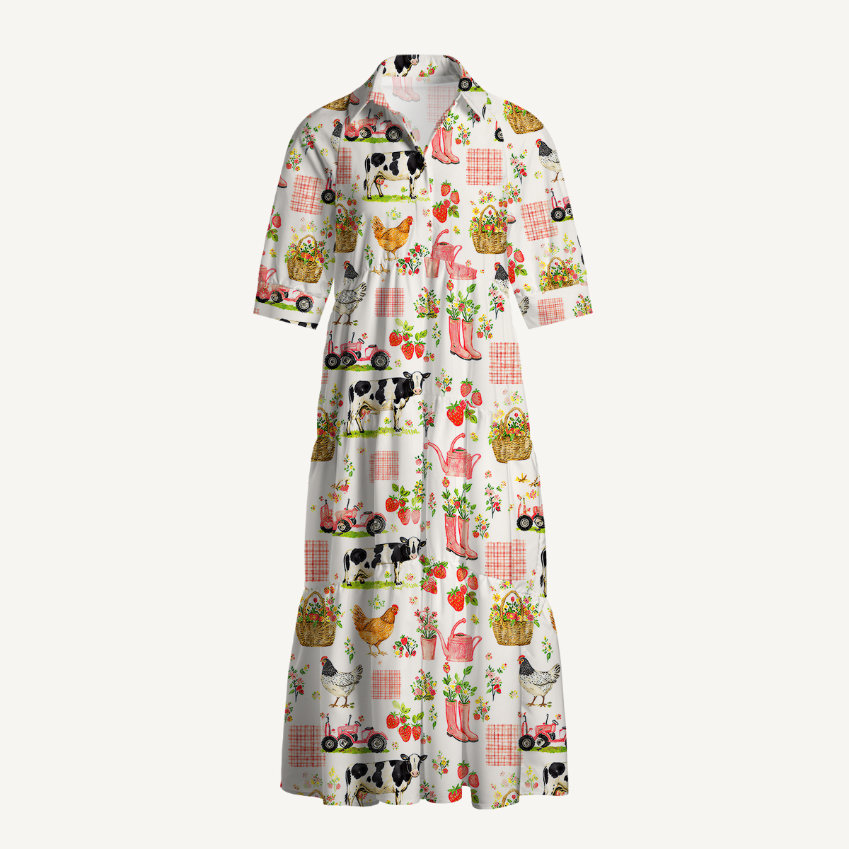 Watercolor Pink Farm Chicken Cow Print Casual Midi Dress With Pockets