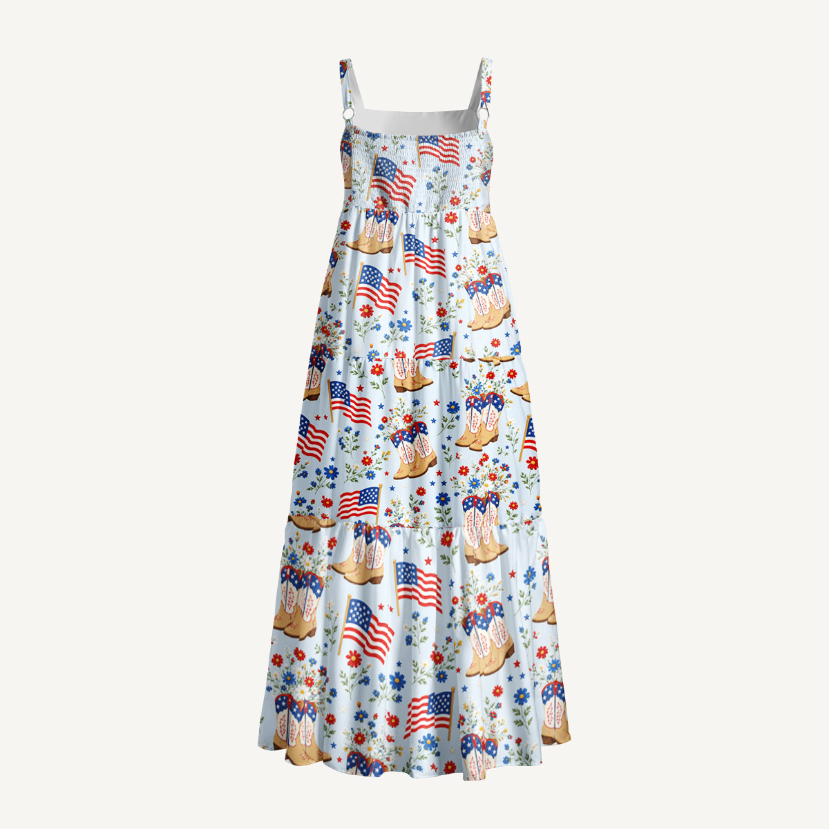 Patriotic Cowboy Boots Print Wide Straps Maxi Dress With Pockets