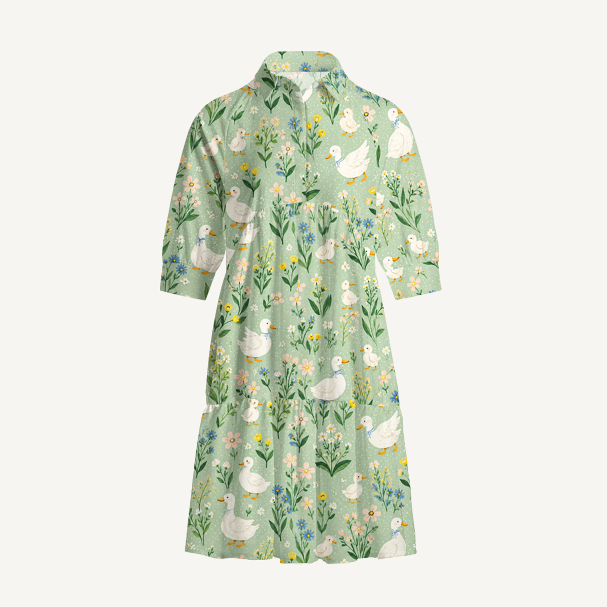V Neck Collared Country Duck & Bloom Mini Dress For Women With Pockets