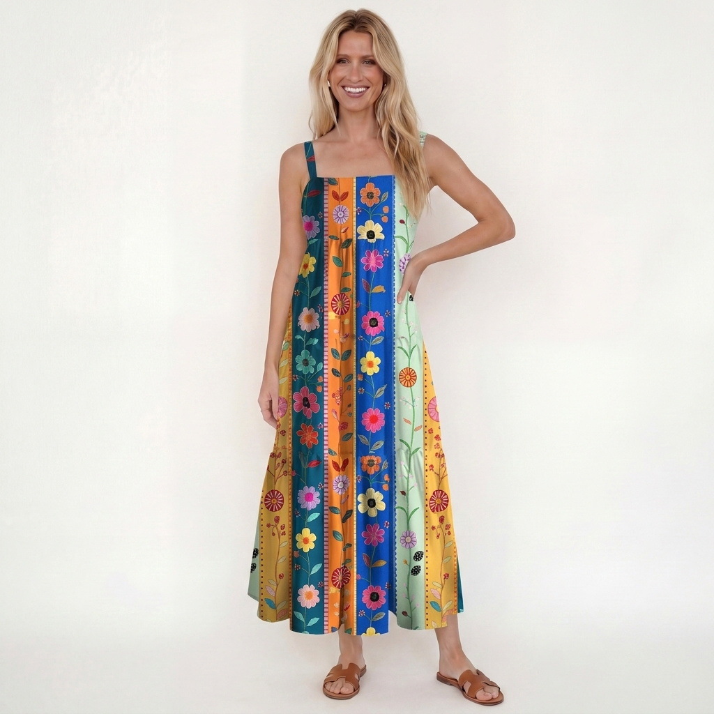 Rainbow Garden Colorblock Printed Wide Straps Maxi Dress With Pockets