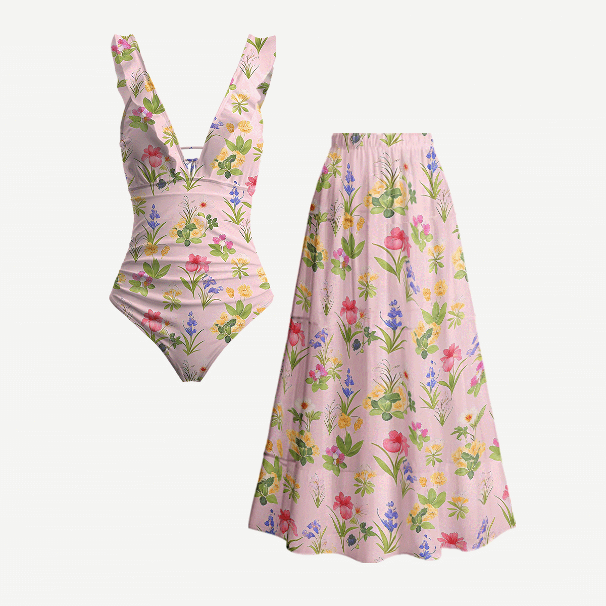 Delicate Blossom Ruffled V Neck One Piece Swimsuit and Matching Midi Skirt Set