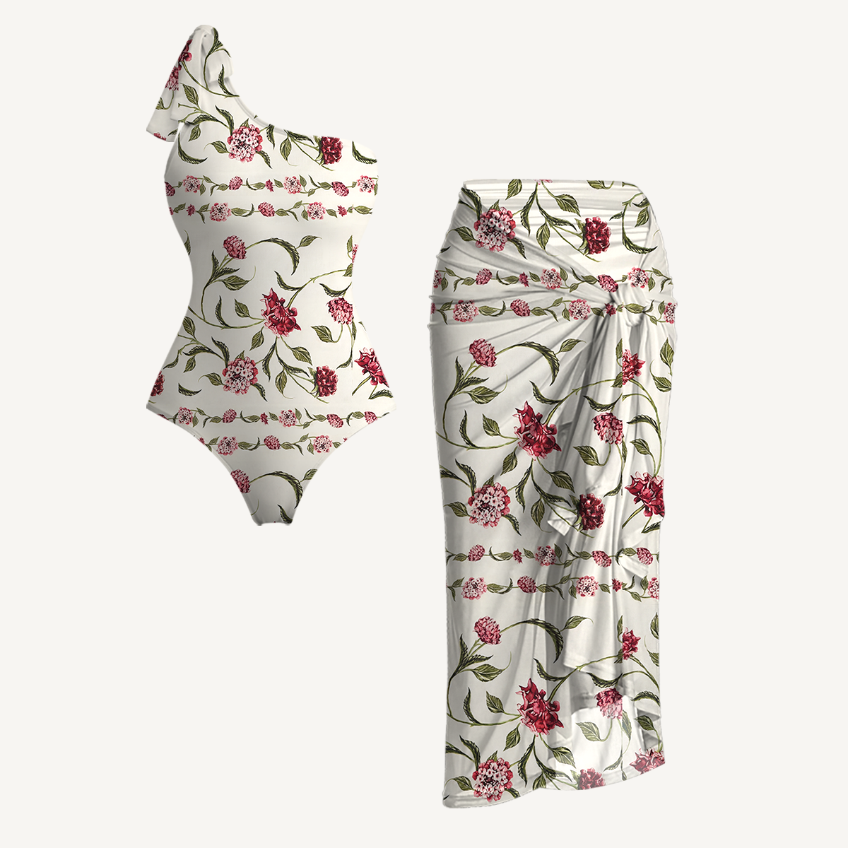 Red Floral One Shoulder One Piece Swimsuit and Matching Sarong Set for Women