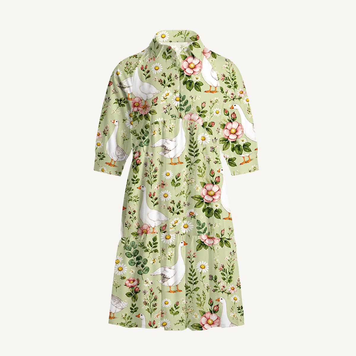 V Neck Collared Pastoral Goose Garden Mini Dress For Women With Pockets