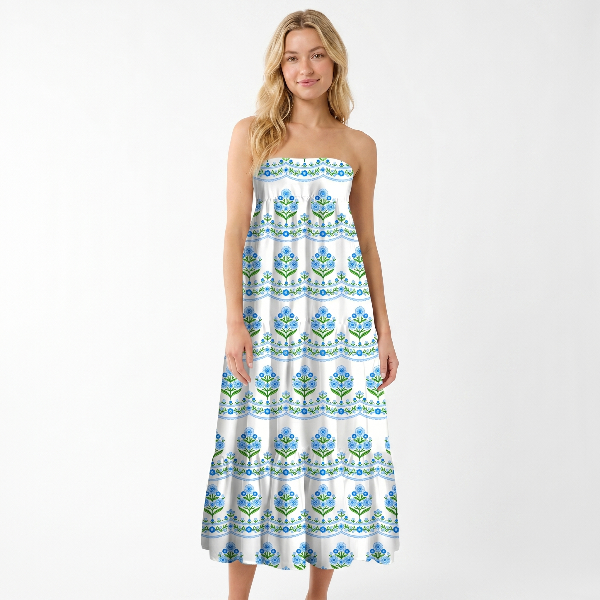 Azure Folk Print Convertible Maxi Skirt & Strapless Dress