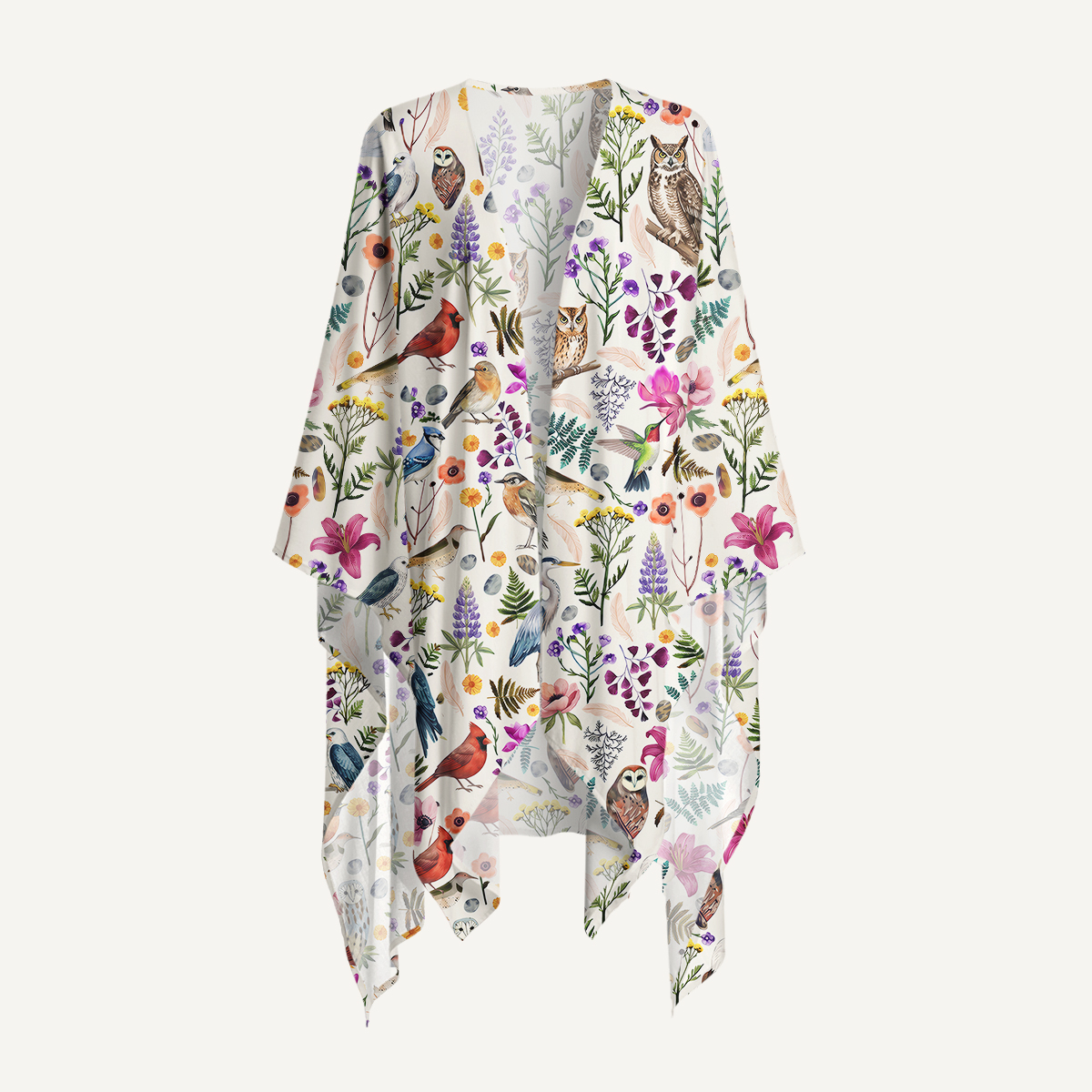 Whimsical Woodland Birds Wildflowers Print Kimono Shawl Wrap