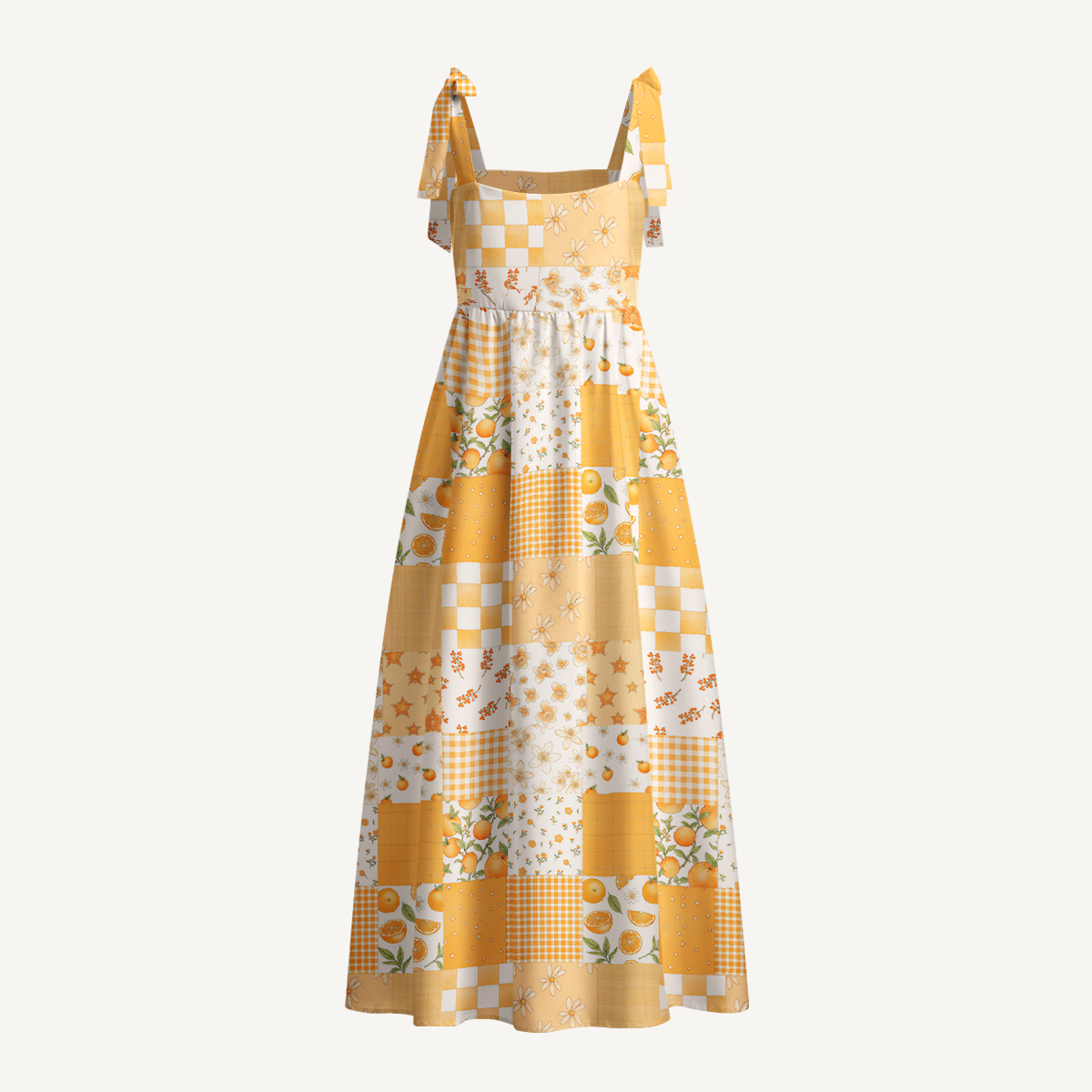 Lemon Sunshine Patchwork Print Bow Strap Maxi Dress