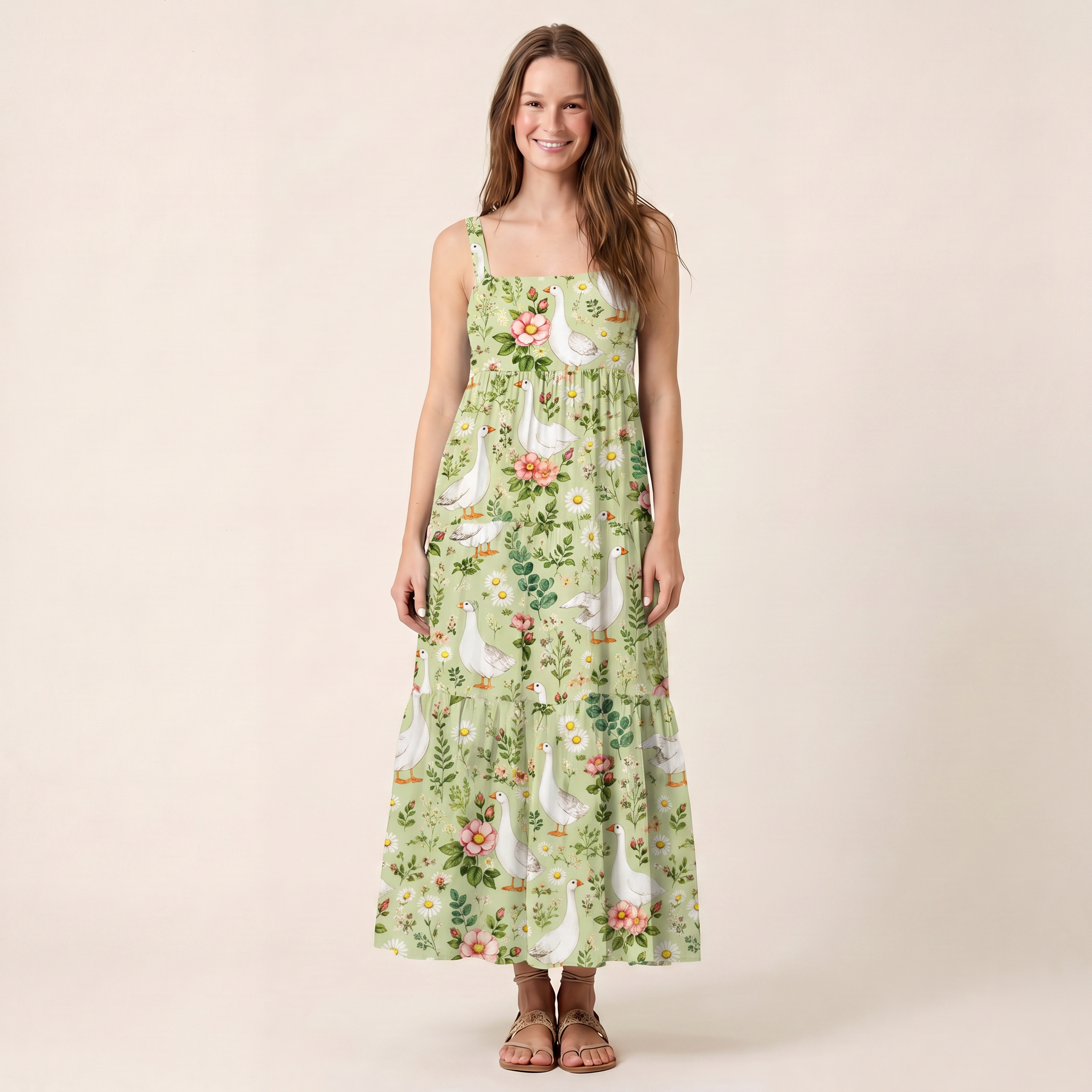 Pastoral Goose Garden Print Wide Straps Maxi Dress With Pockets