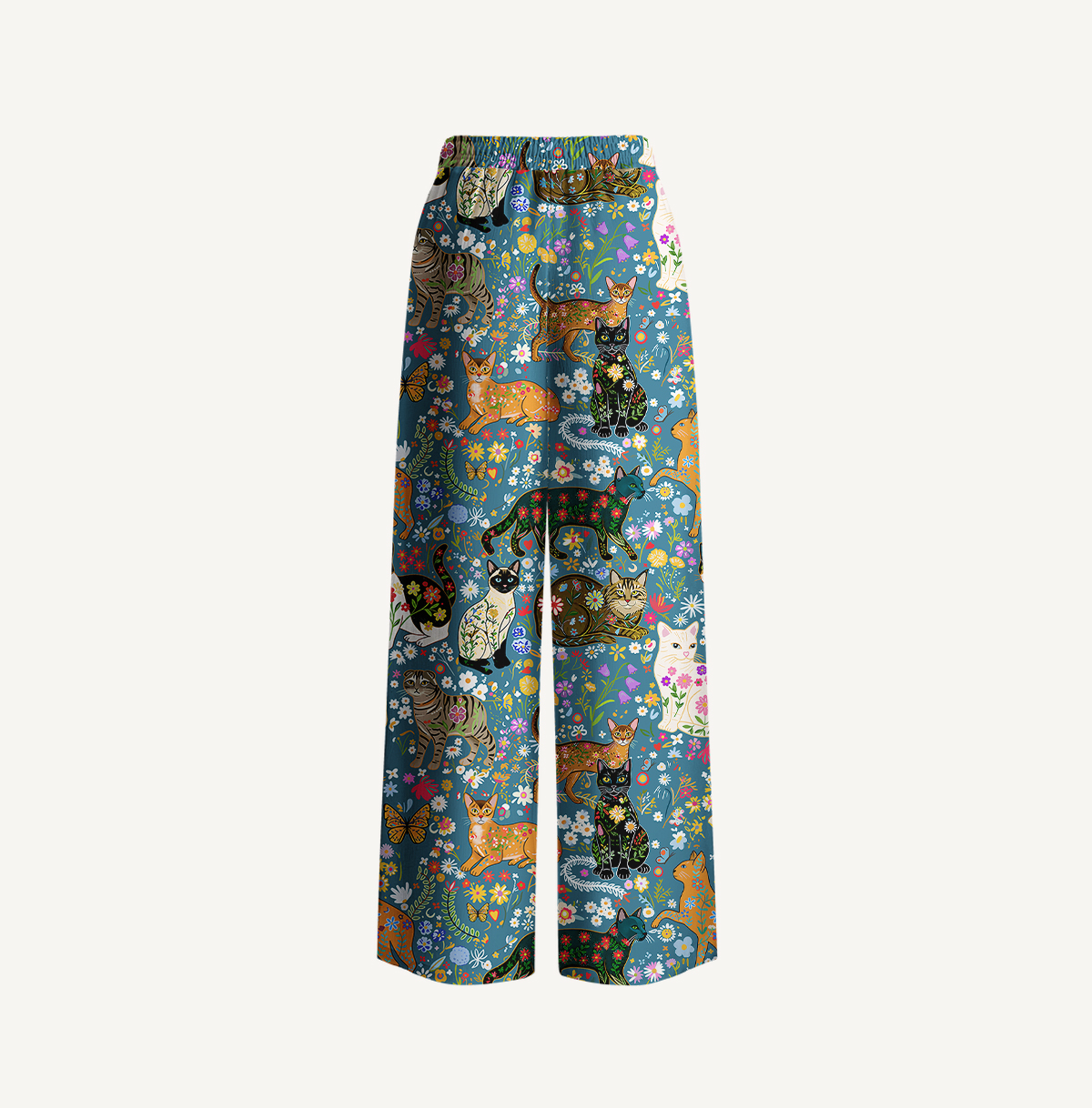 Colorful Garden Cat Pattern Print Wide Leg Tie Waist Pants With Pockets