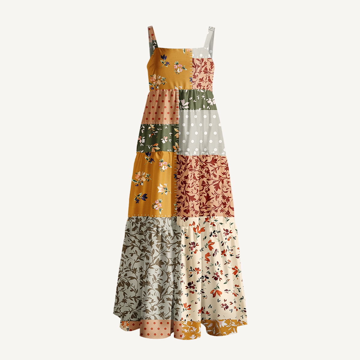 Rustic Floral Patchwork Print Wide Straps Maxi Dress With Pockets