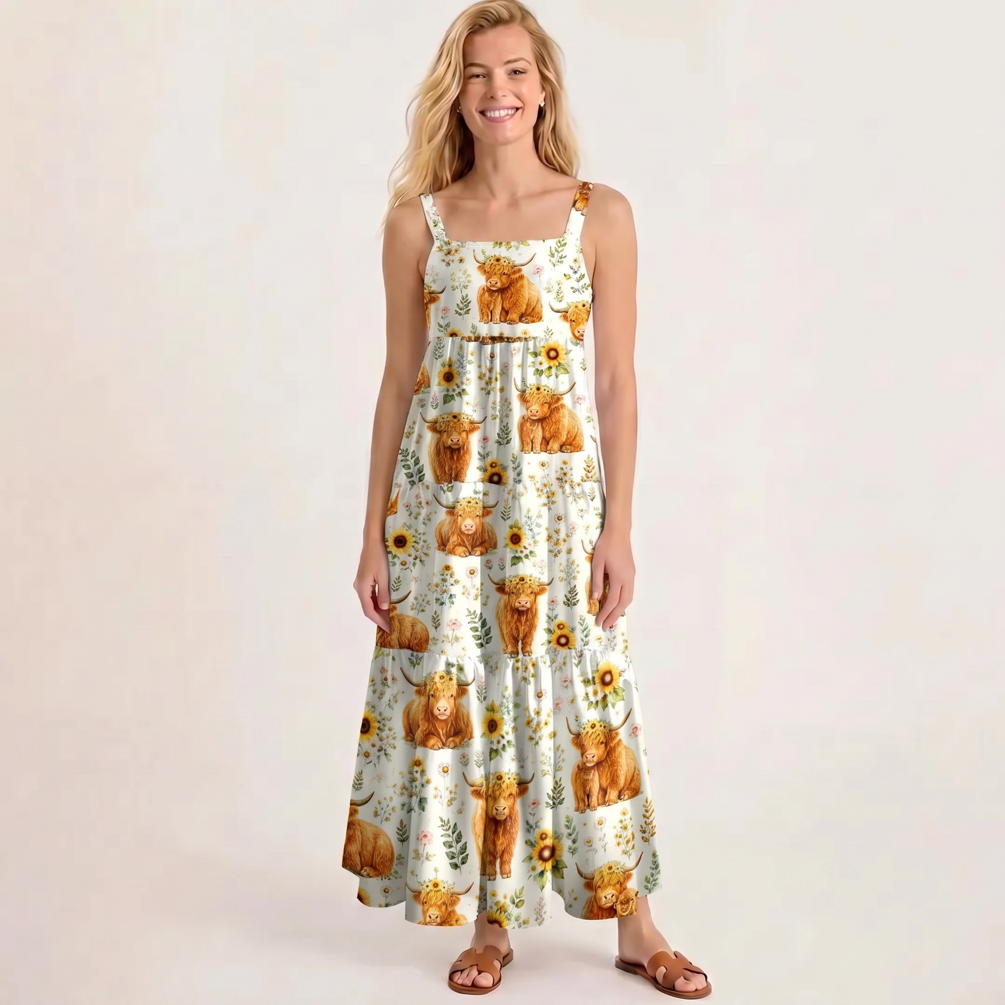 Spring Highland Cow Floral Print Wide Straps Maxi Dress With Pockets