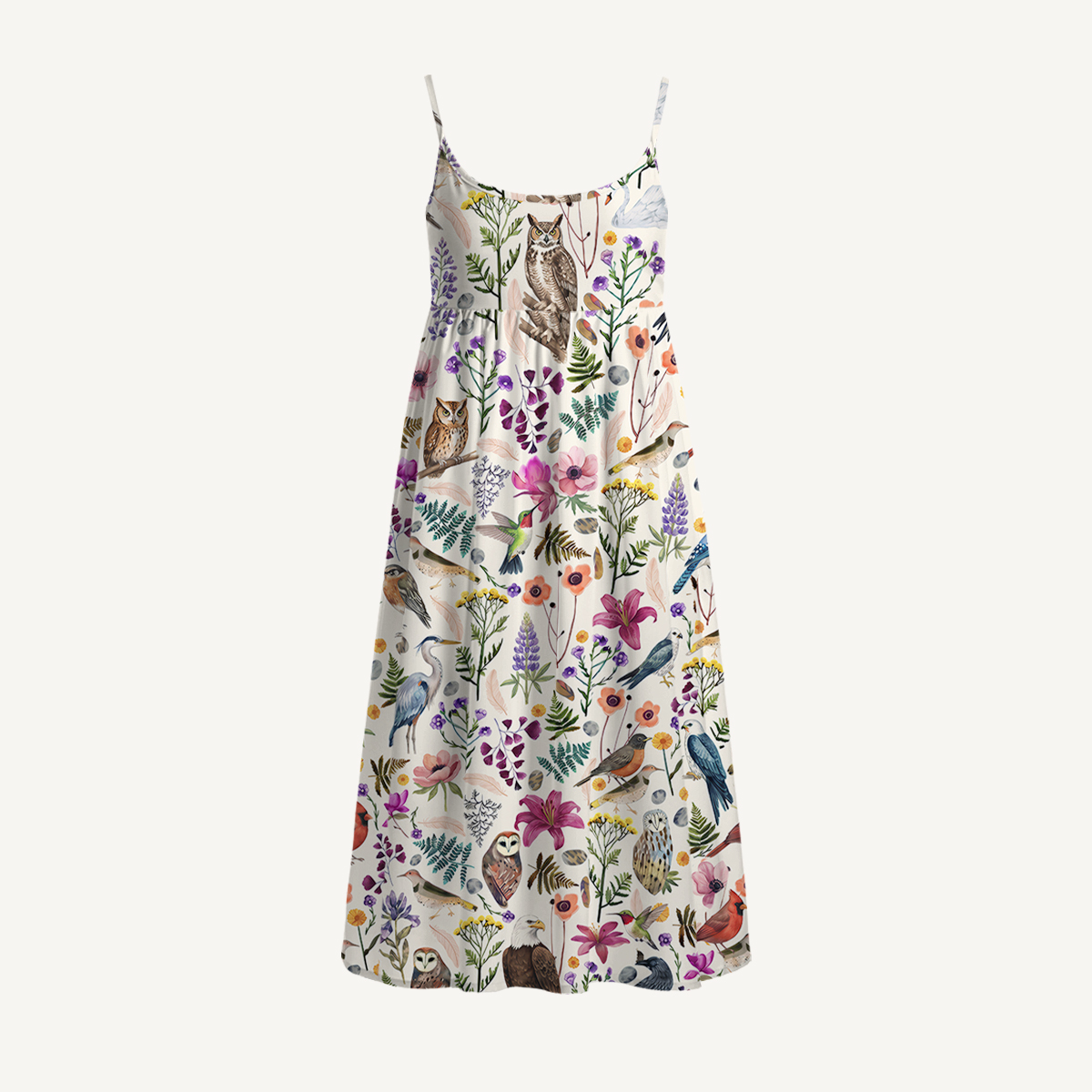 Whimsical Woodland Birds Wildflowers Print Spaghetti Strap Mini Dress