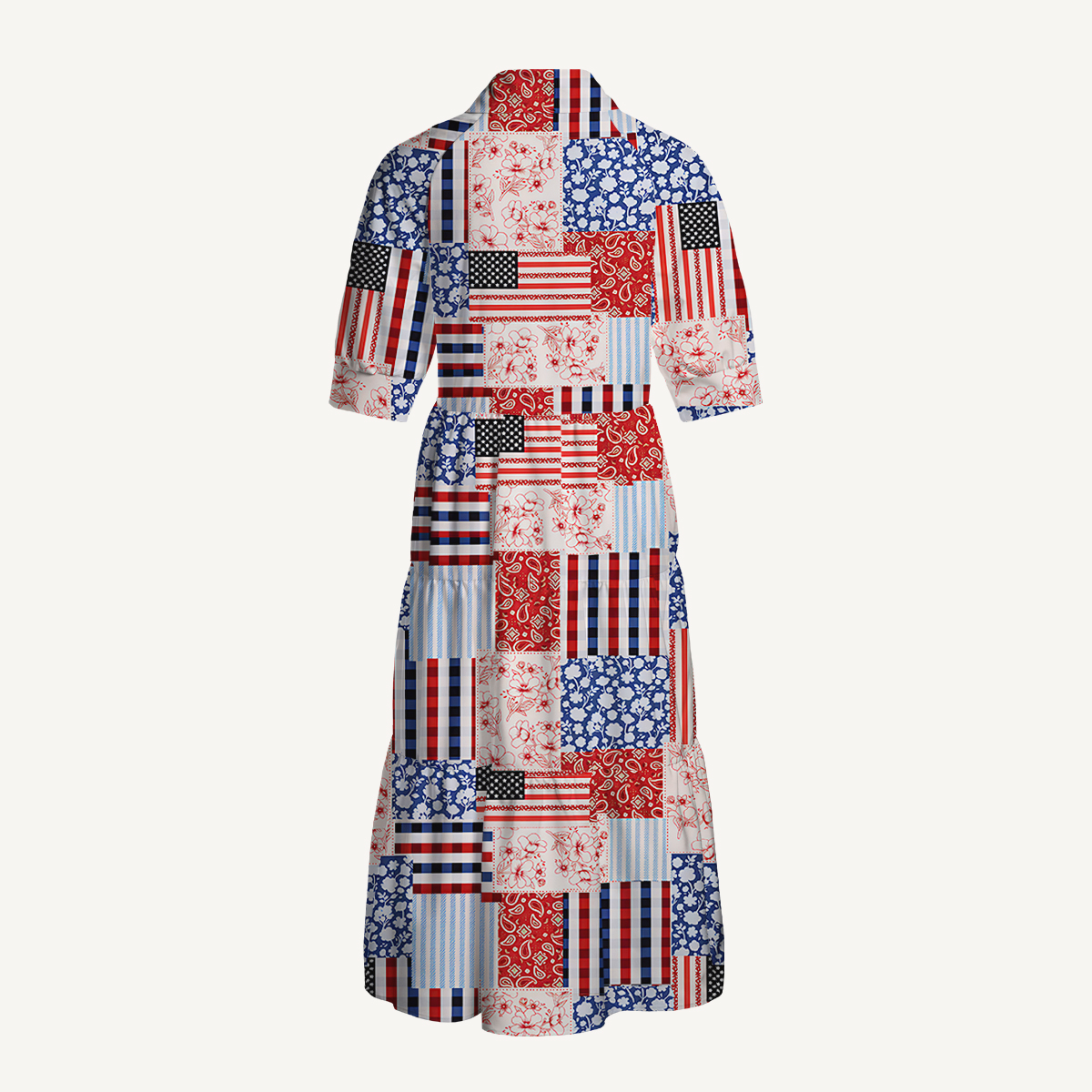 Patriotic Patchwork Quilt Print Casual Midi Dress With Pockets