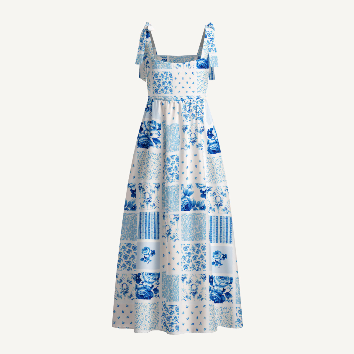 Delft Blue Floral Print Bow Strap Maxi Dress