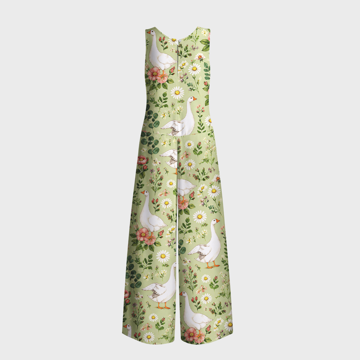 Pastoral Goose Garden Print Jumpsuit with Pockets for Women