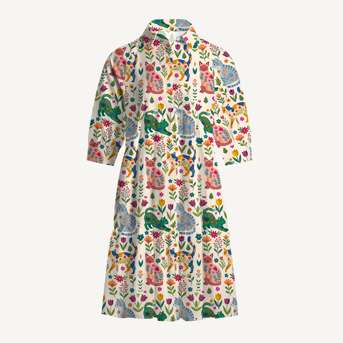 V Neck Collared Cute Flower Cat Mini Dress For Women With Pockets