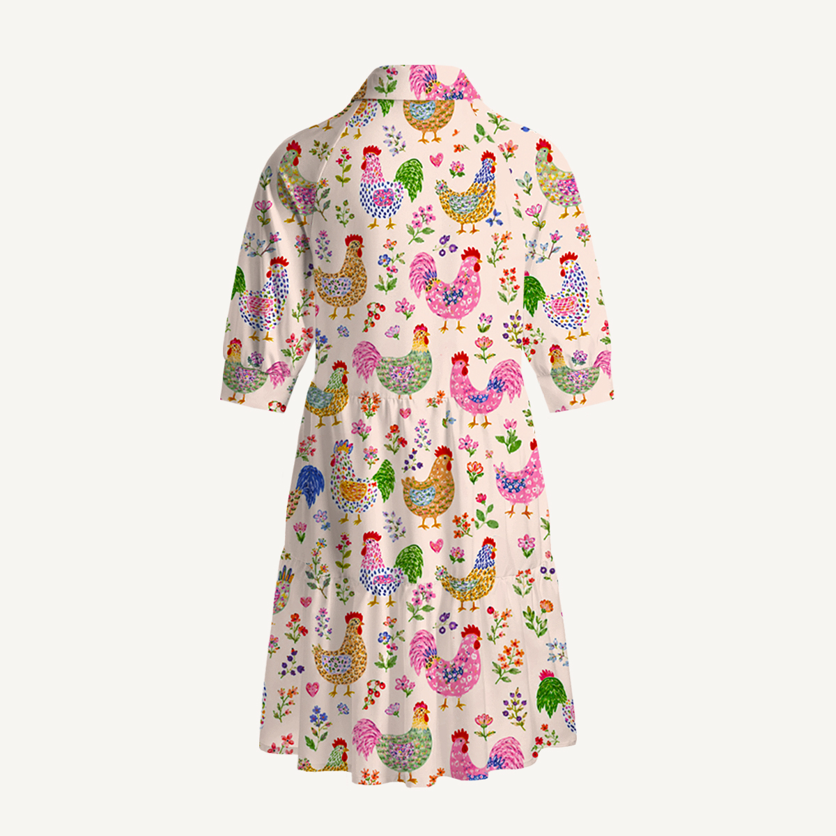 V Neck Collared Colorful Farm Chickens Mini Dress For Women With Pockets