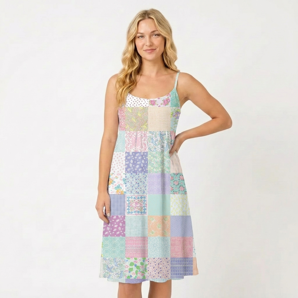 Vintage Quilt Patchwork Spaghetti Strap Mini Dress