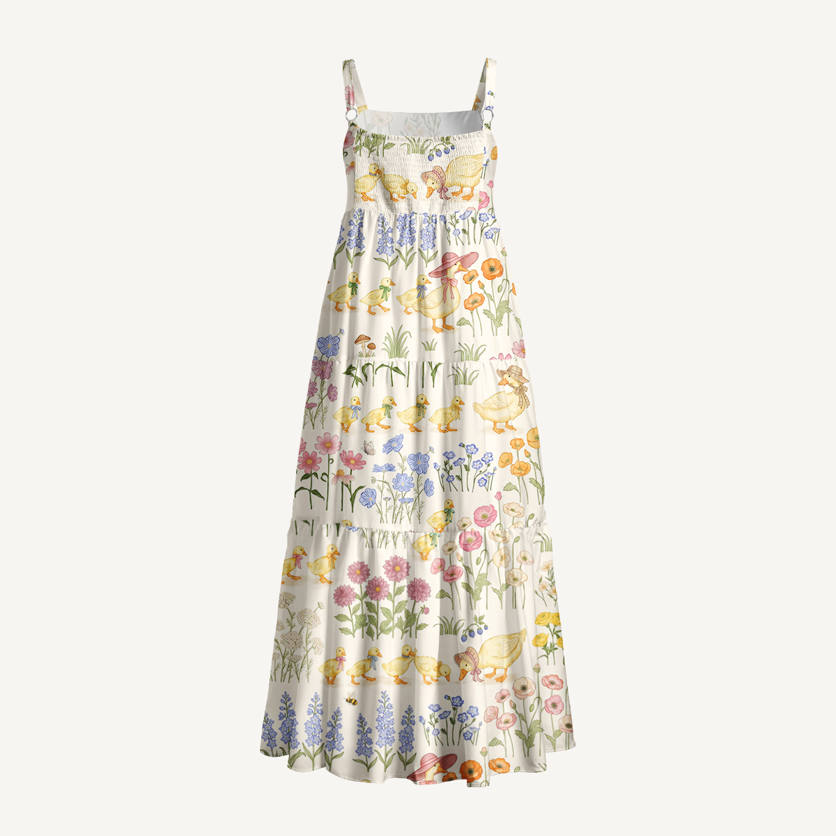 Duck Family Print Wide Straps Maxi Dress With Pockets