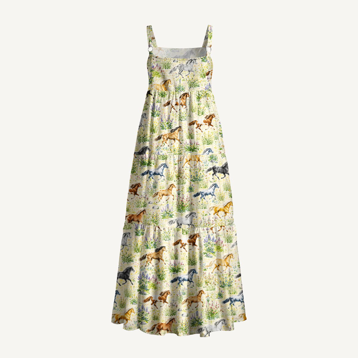 Multicolor Wild Horses Print Wide Straps Maxi Dress With Pockets