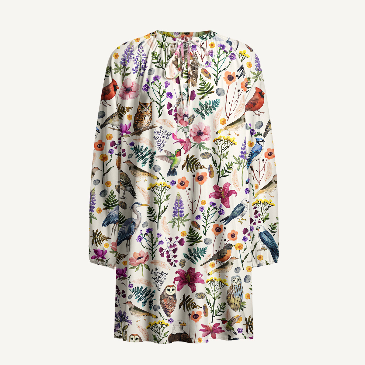 Whimsical Woodland Birds Wildflowers Print Boho Tie‑Neck Smock Mini Dress