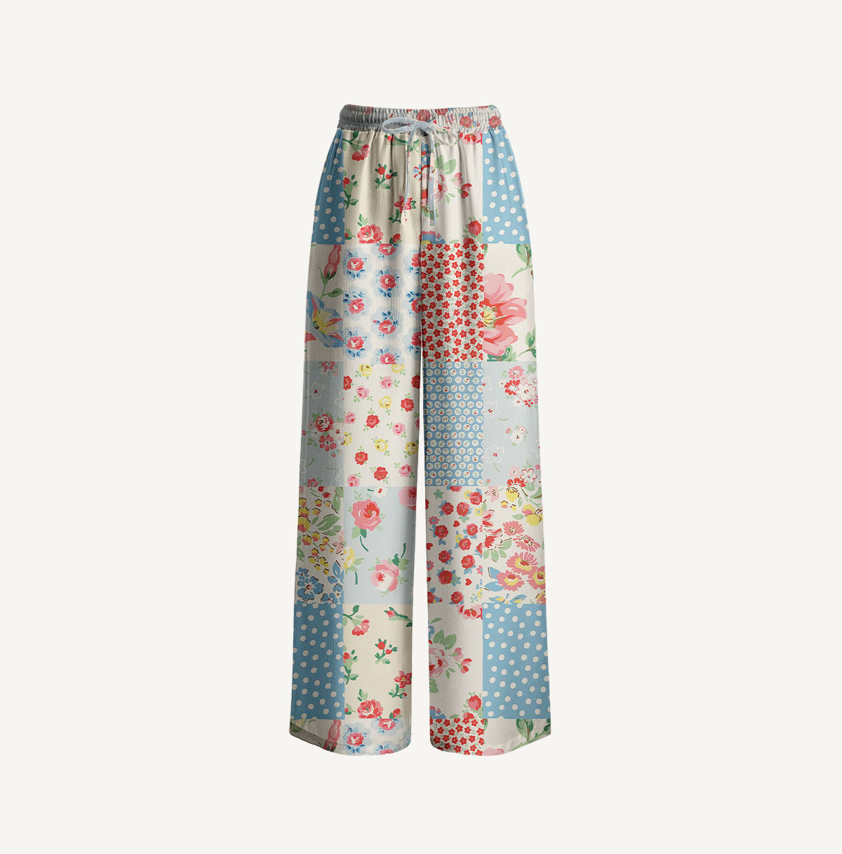 Pastel Patc Print Wide Leg Tie Waist Pants With Pockets