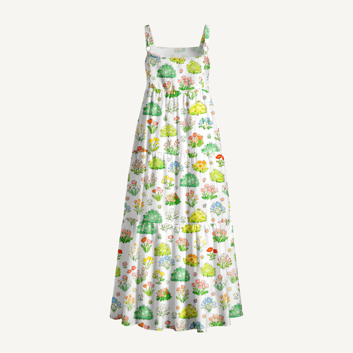 Colorful Garden Print Wide Straps Maxi Dress With Pockets