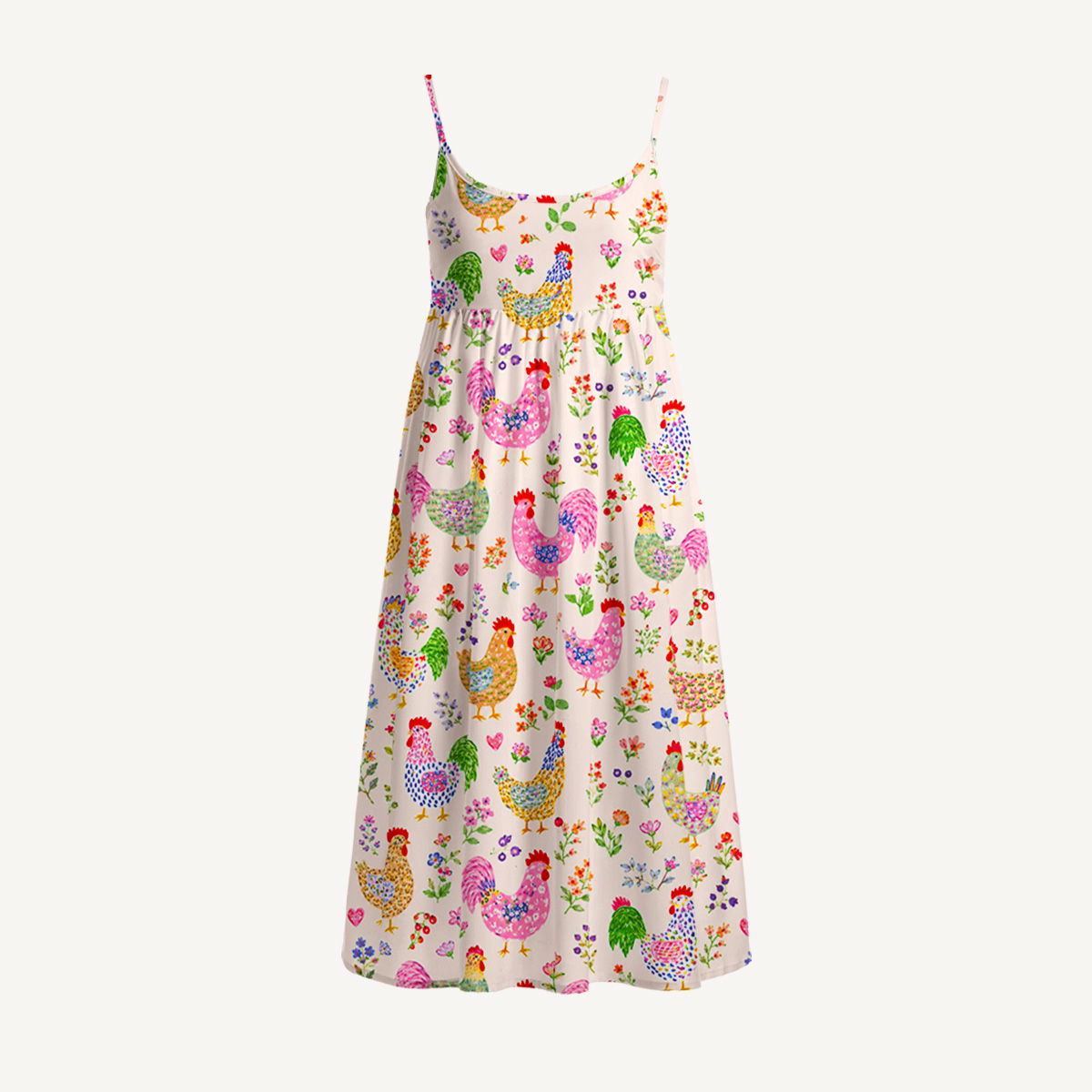 Colorful Farm Chickens Print Spaghetti Strap Mini Dress