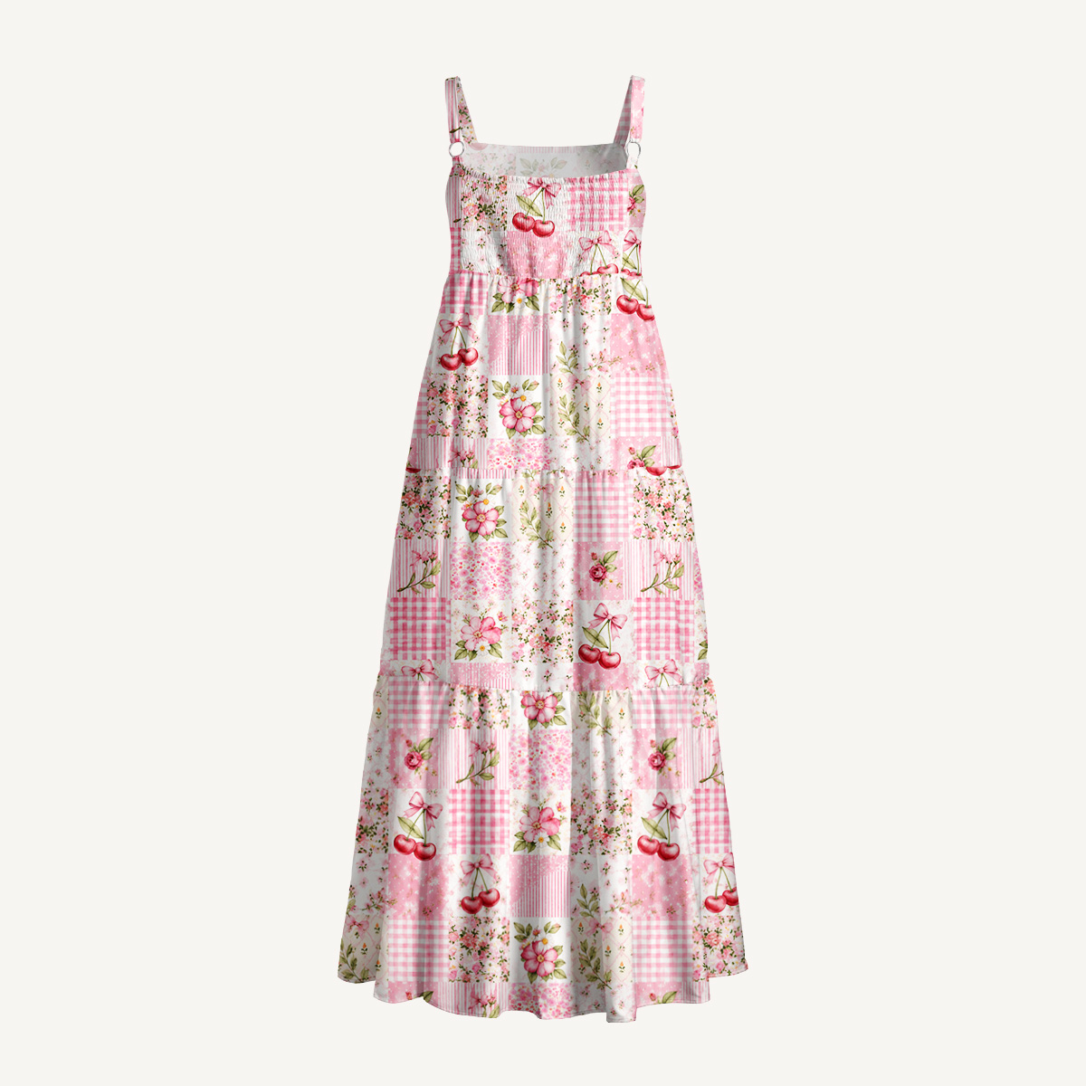 Strawberry Bow Garden Patchwork Print Wide Straps Maxi Dress With Pockets