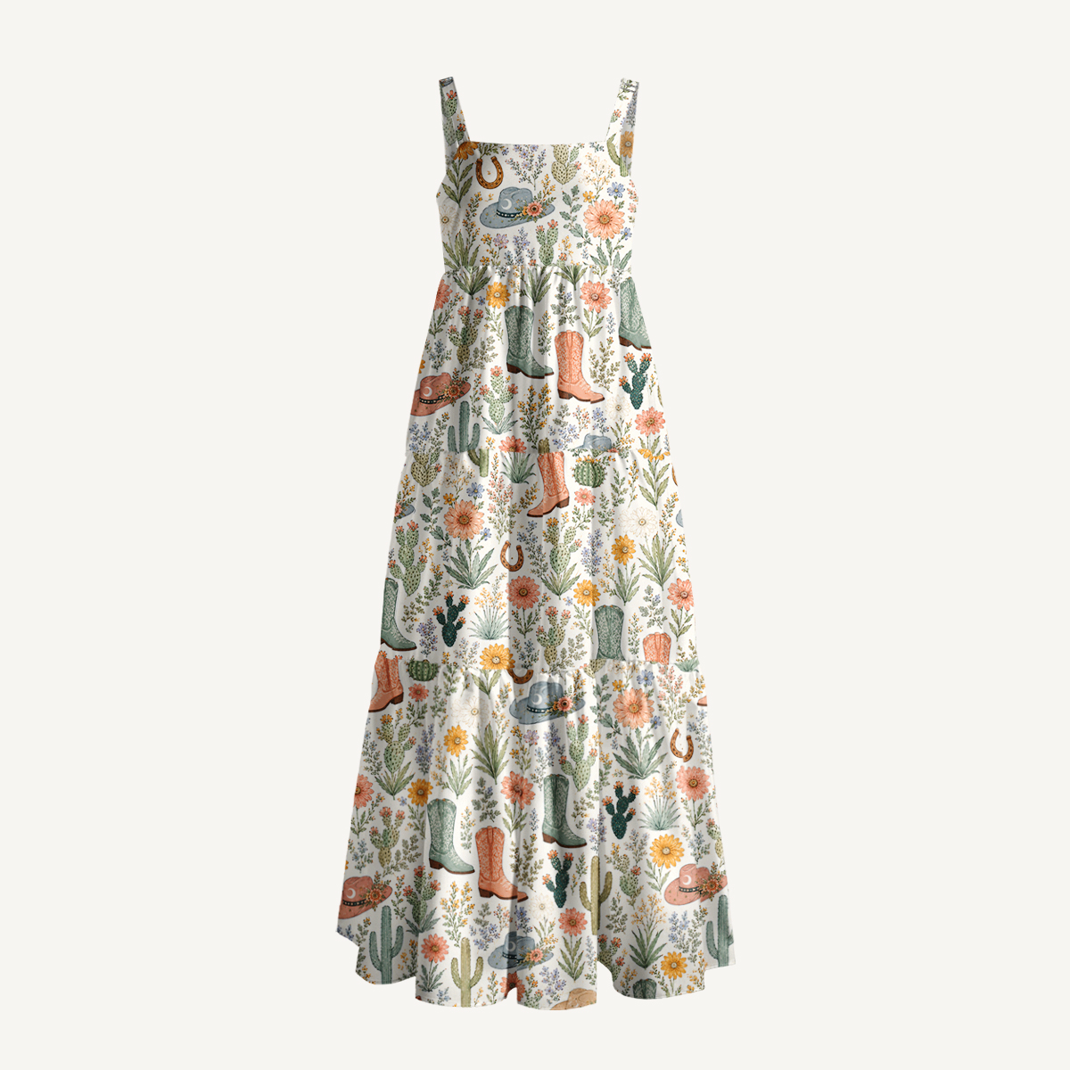 Western Desert Cactus Cowboy Boots Print Wide Straps Maxi Dress With Pockets