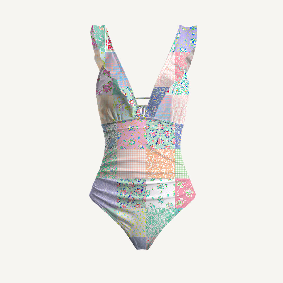 Vintage Quilt Patchwork Ruffled V Neck One Piece Swimsuit and Matching Midi Skirt Set